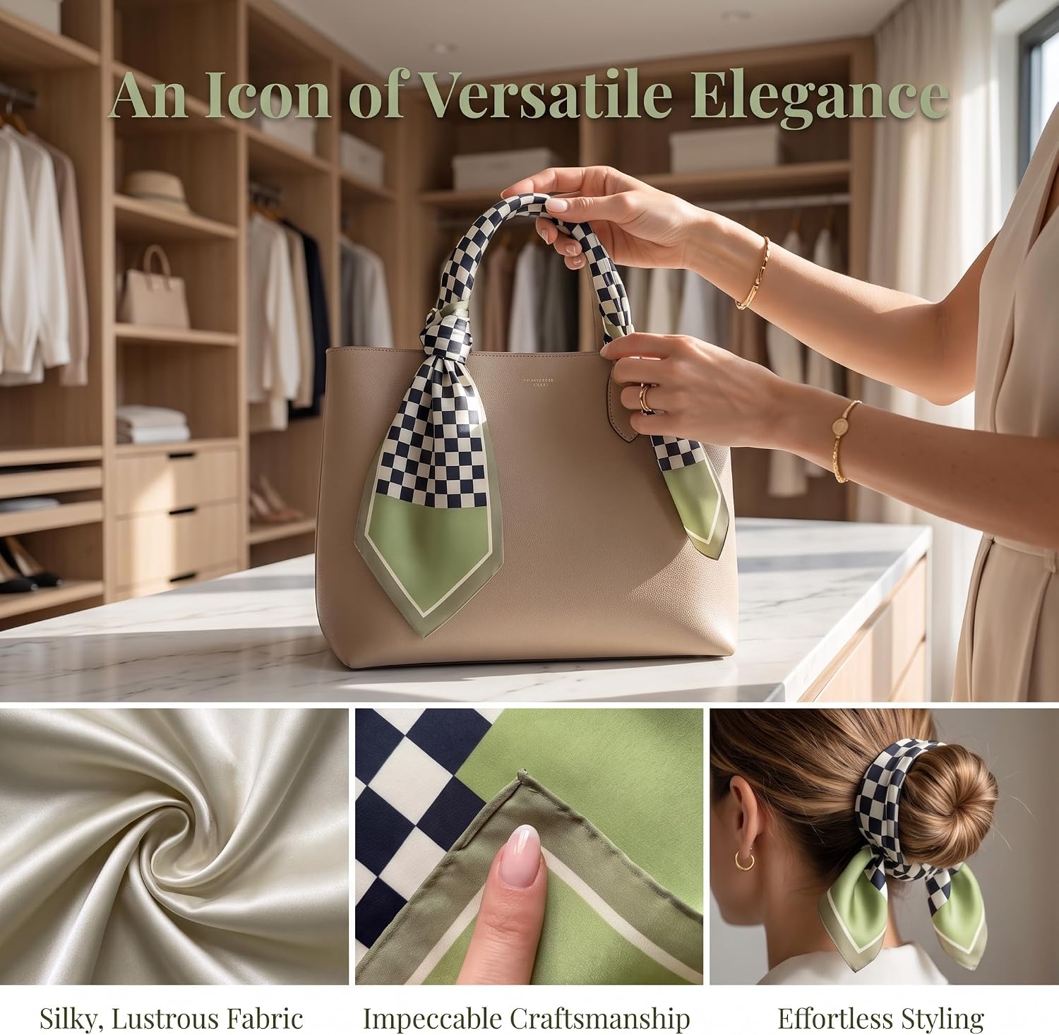 Checkered Skinny Scarf for Handbags & Purse - Long Thin Bag Scarf image 2