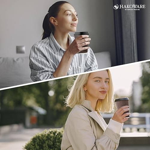 Miniatura 6 de Paquete de 100 tazas de café desechables de 12 onzas, vasos de papel de doble pared con tapas, diseño geométrico marrón, tazas a prueba de fugas