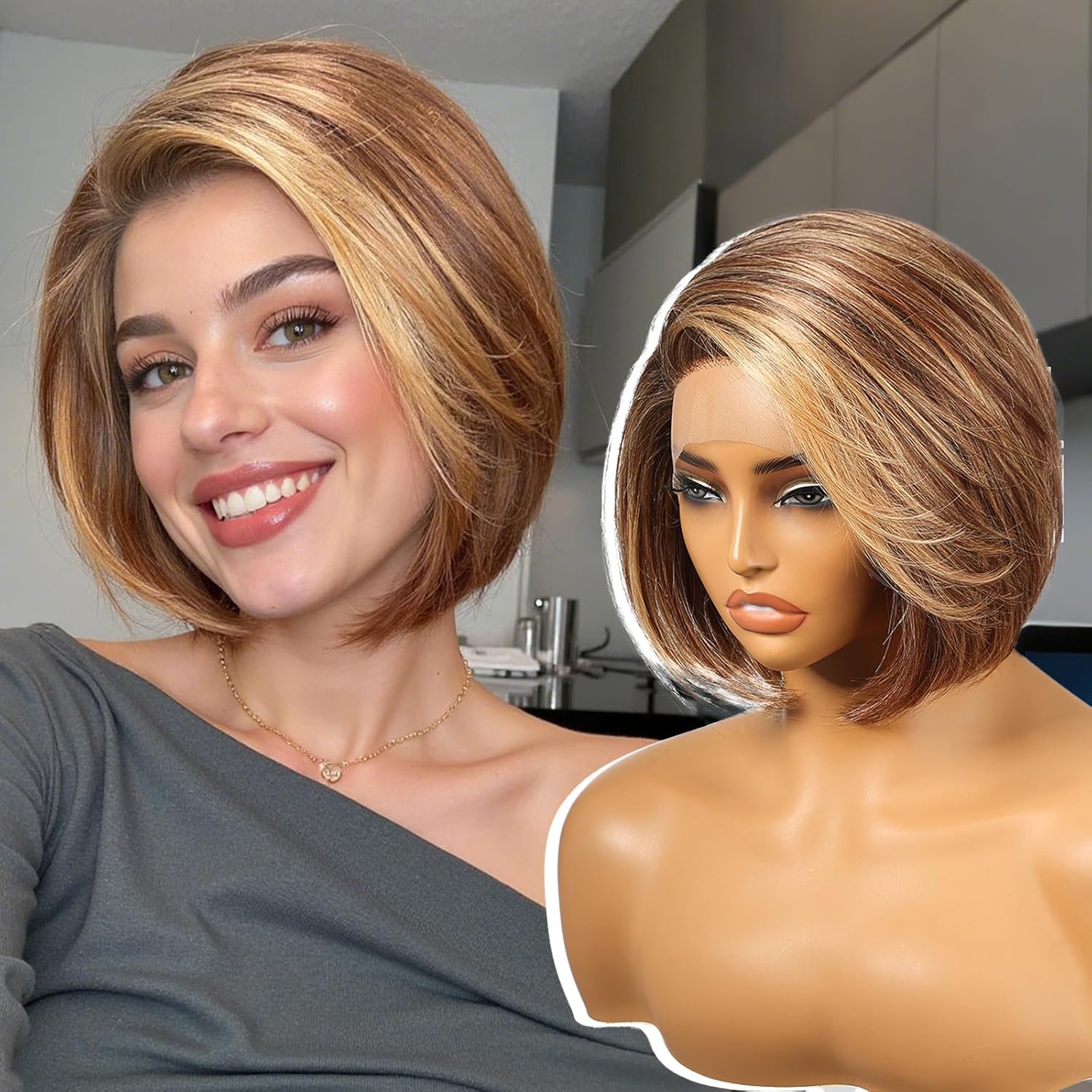 Brown mix Blonde Highlight Synthetic Lace Front Wig,Side Part Short Straight Glueless Bob Wig for White Women Daily Use 10IN (#TT4/243)