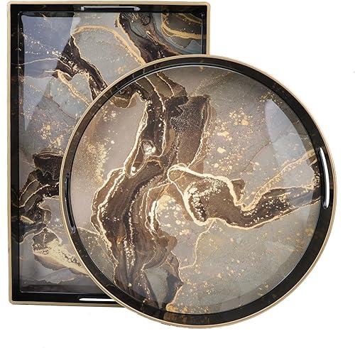 Miniatura 2 de Bandeja decorativa redonda de mármol negro con asas, bandeja de plástico Morden de 13 pulgadas para mesa de café, baño, otomana, decoración del hogar