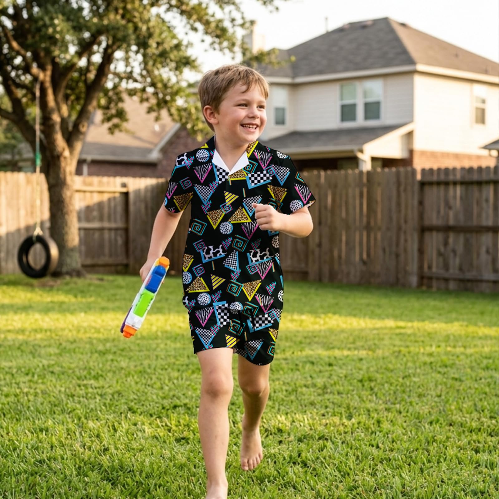 SEA - Conjunto hawaiano de 2 piezas para niños, camisas con botones y forro de compresión para playa y verano