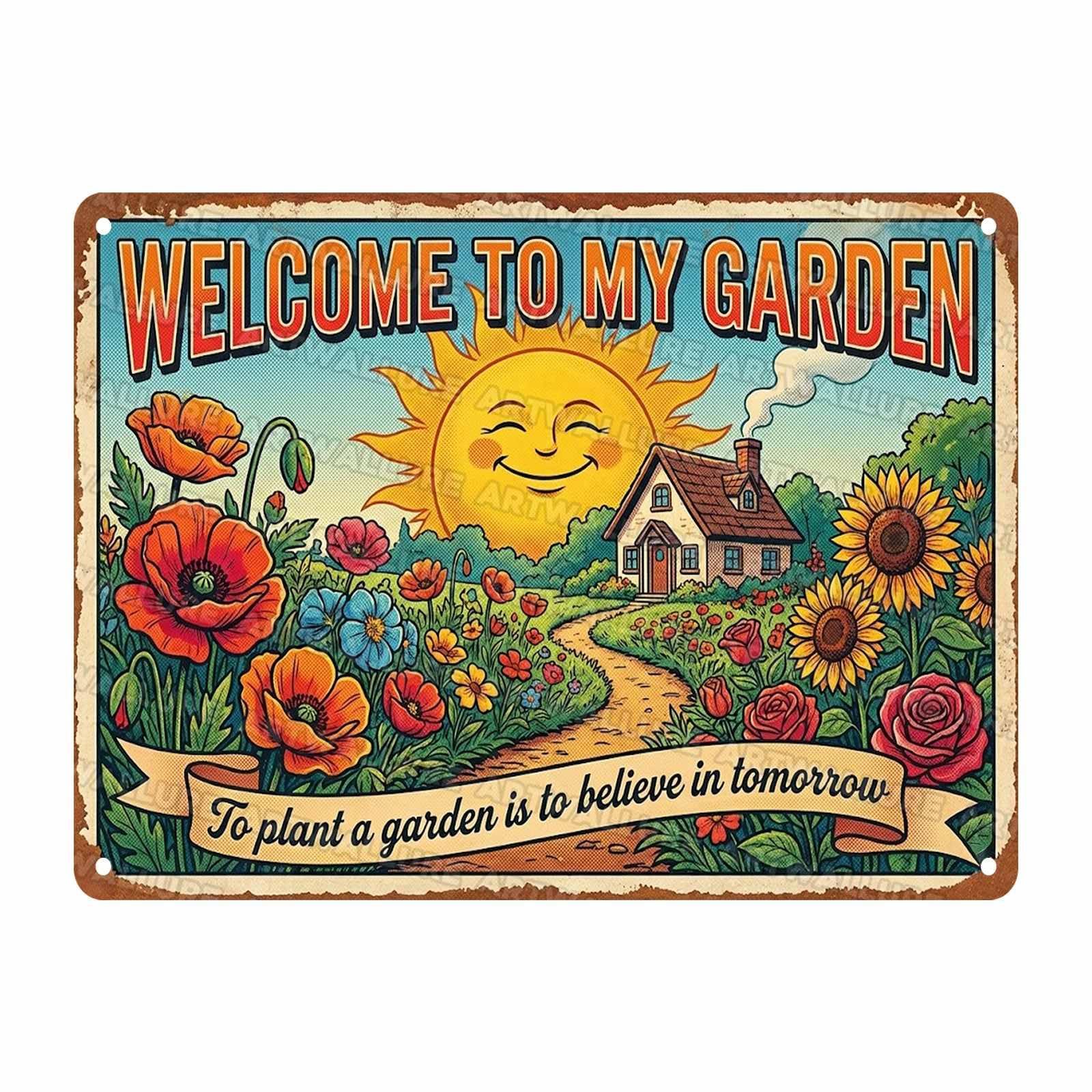 Garden Welcome Sign Sunny Cottage Metal Tin Sign Happy Sun Wall Decor To Plant a Garden is to Believe in Tomorrow Plaque for Summer House Gazebo Pathway 12x16Inch