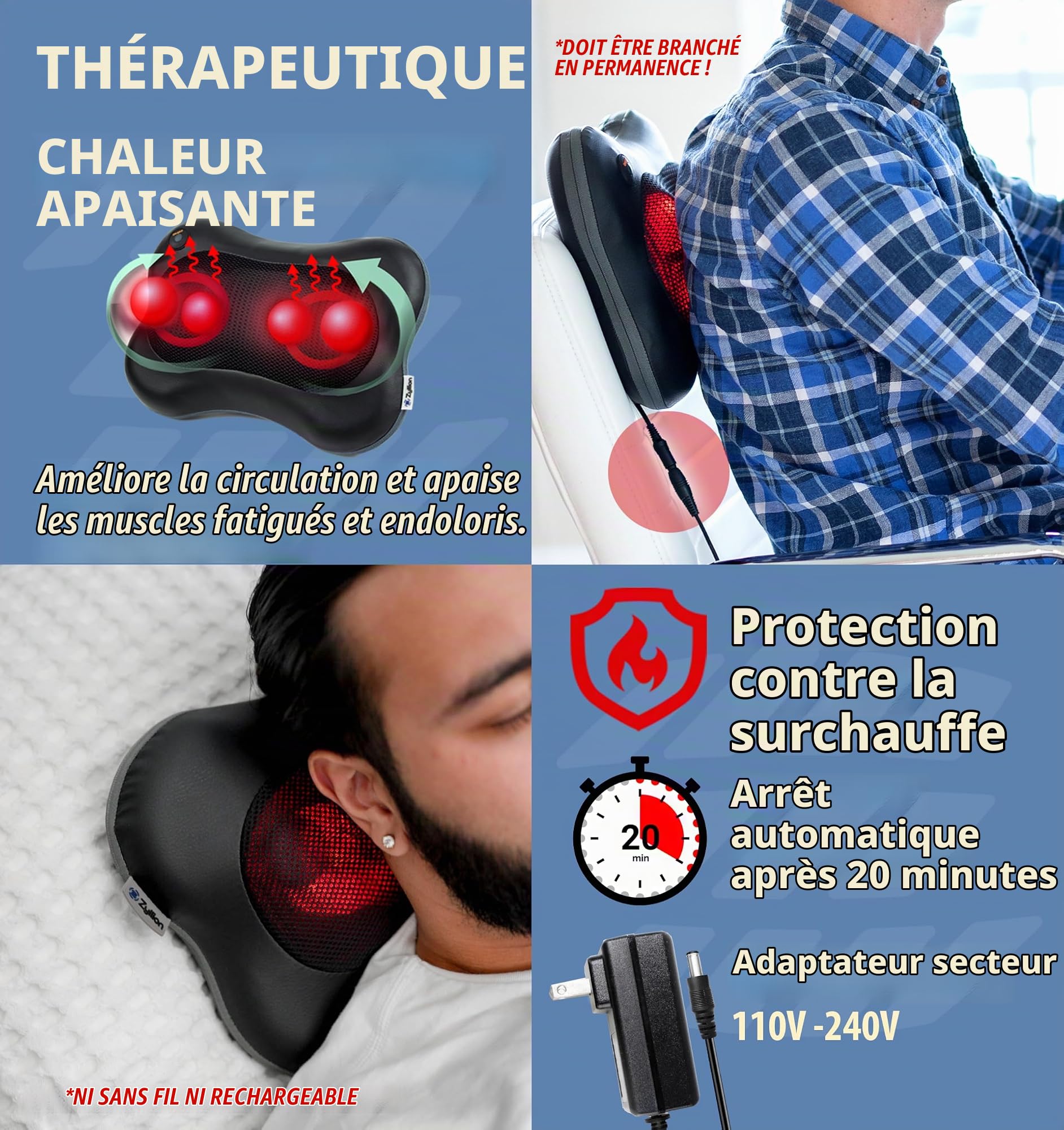 Zyllion Appareil de massage Shiatsu pour le dos et la nuque - Coussin de massage des tissus profonds avec pétrissage 3D et chaleur pour soulager les douleurs musculaires - Noir (ZMA-13-BK)