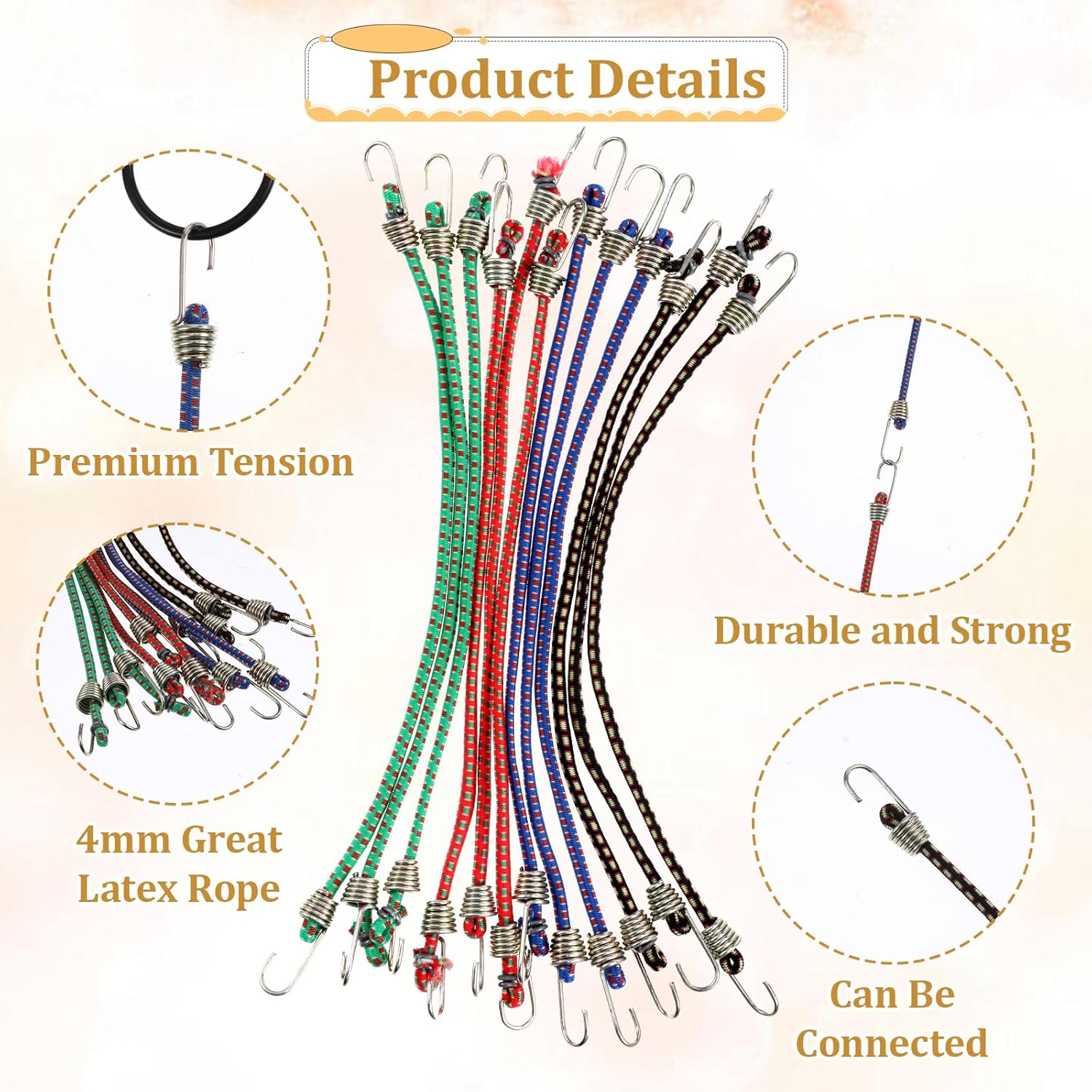 12 PCS Short Bungee Cords with Hooks, 10 Inch Mini Rubber Bungee Cords, Small Bungees with Hooks for Kayaking, Camping, Outdoor Tent, Bike Cargo