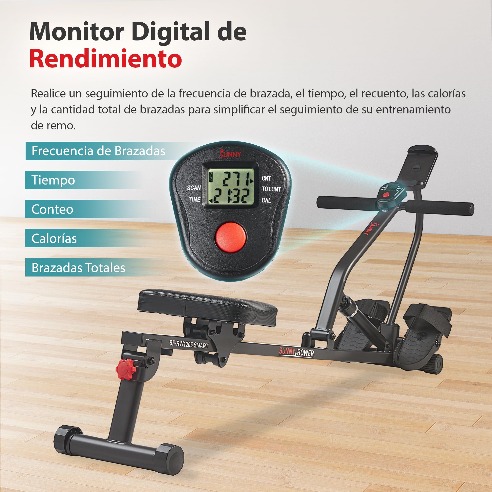 Sunny Health & Fitness Máquina de Remo Compacta y Ajustable, Equipo de Ejercicio Cardiovascular con 12 Niveles de Resistencia para Entrenamientos Corporales Completos y Opcional SunnyFit App Gratuita | Cardio de Cuerpo Completo, Suave con las Articulacion