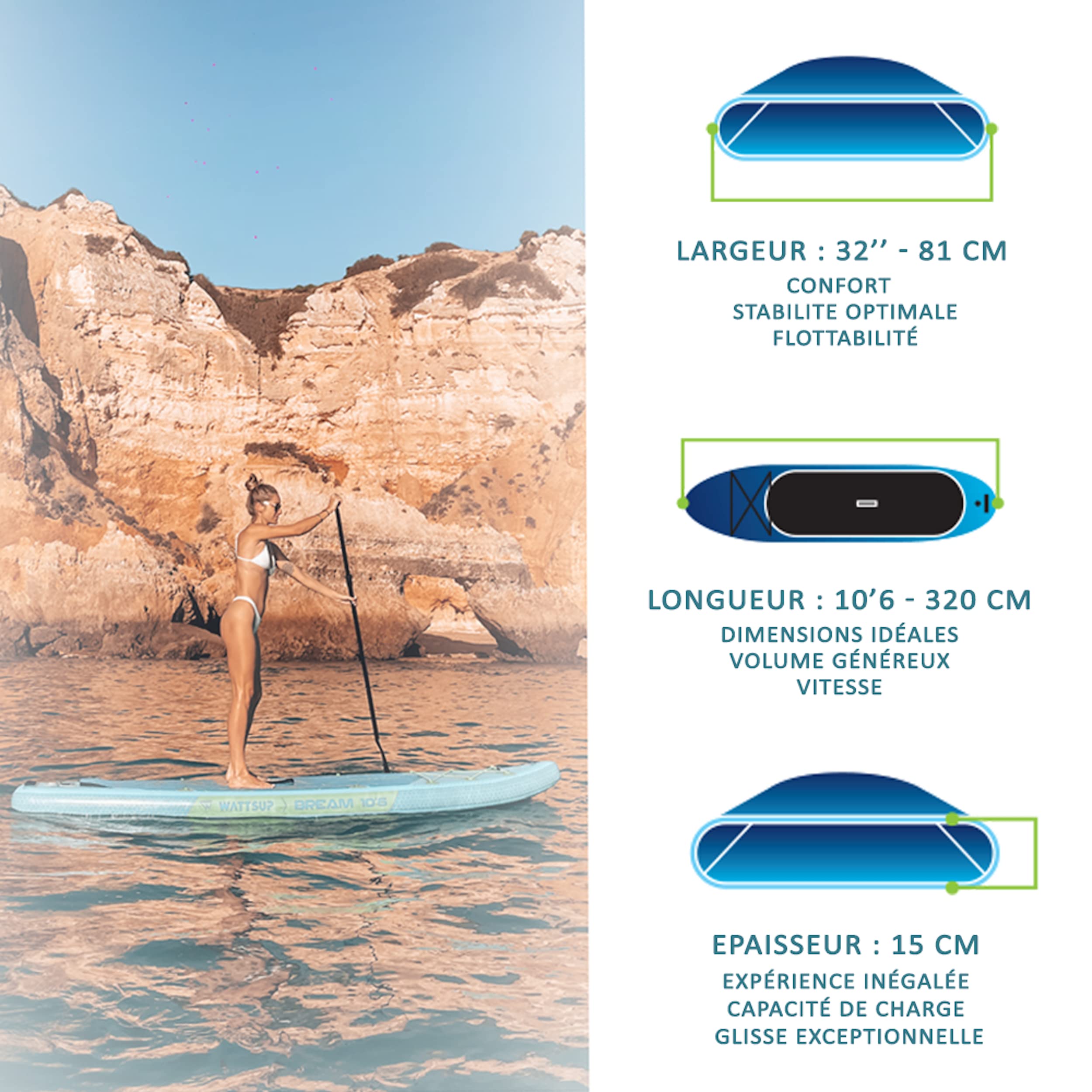 Wattsup - pb -wbrm106k - sup wattsup - Bream 10'6 (combo kayak) - spessore 15 cm - goccia - punto - rigido e robusto - 125 kg