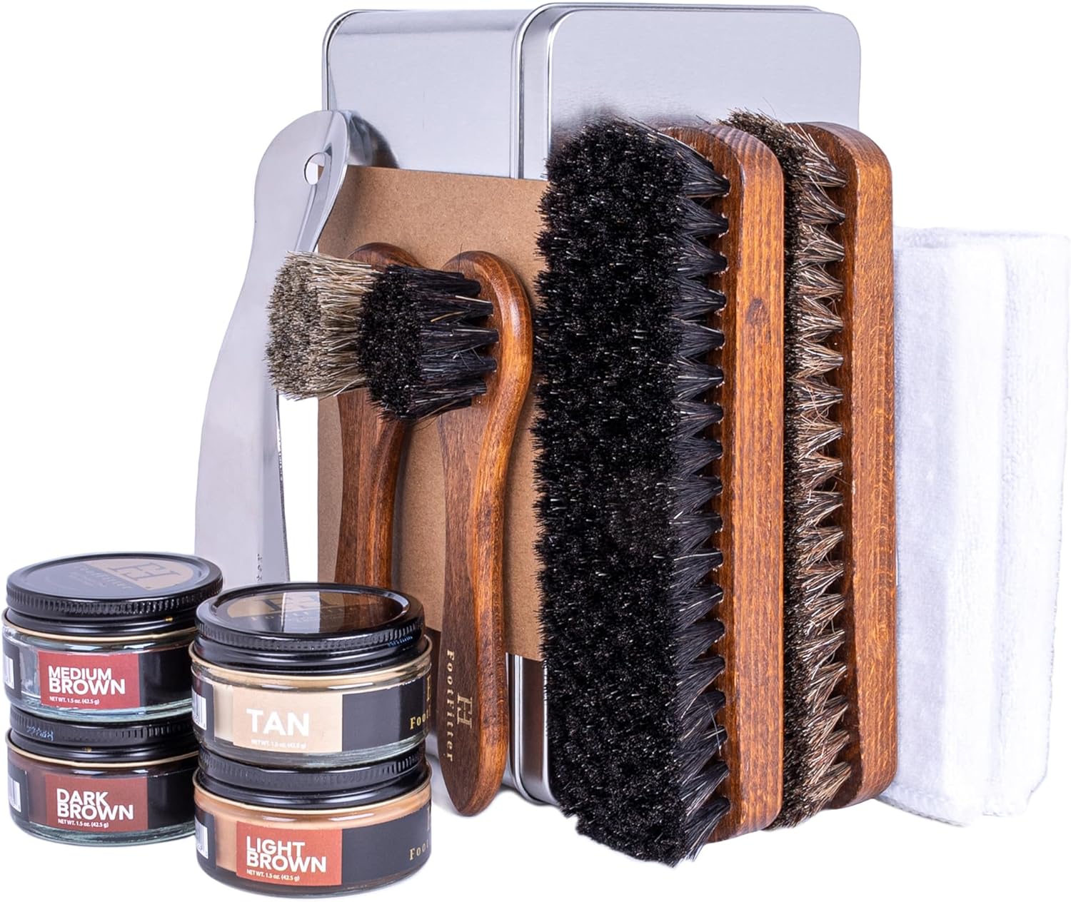 FootFitter Leather Shoe Shine Refill Set, Complete Shoe Care Kit with Horsehair Brushes, Premium Creams, Cloths & Shoehorn