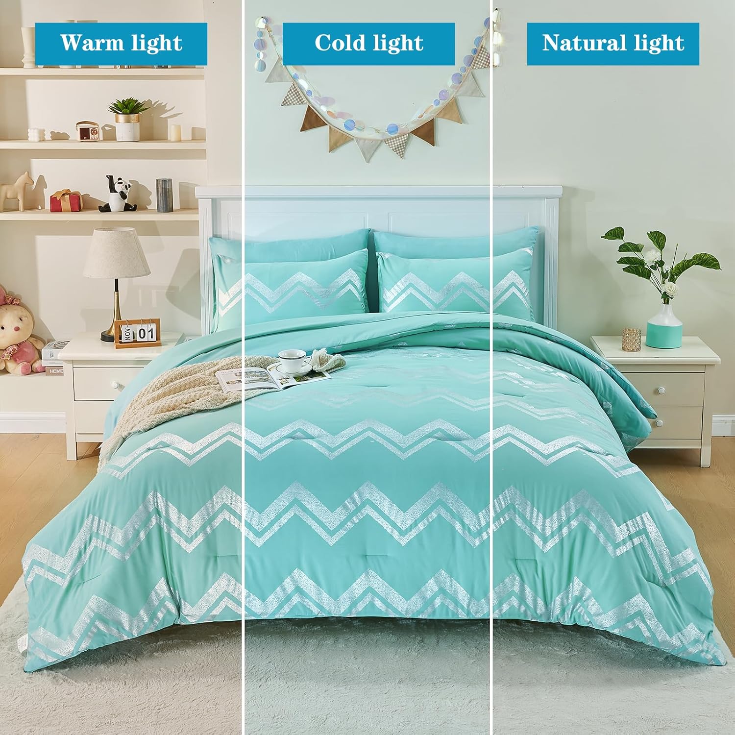 Wowelife Teal Comforter Set Queen 7 Pieces Blue Glitter Metallic Bedding Set Full Teal Kids Comforter Set Breathable with Comforter, Flat Sheet, Fitted Sheet, 2 Pillow Shams and 2 Pillowcases