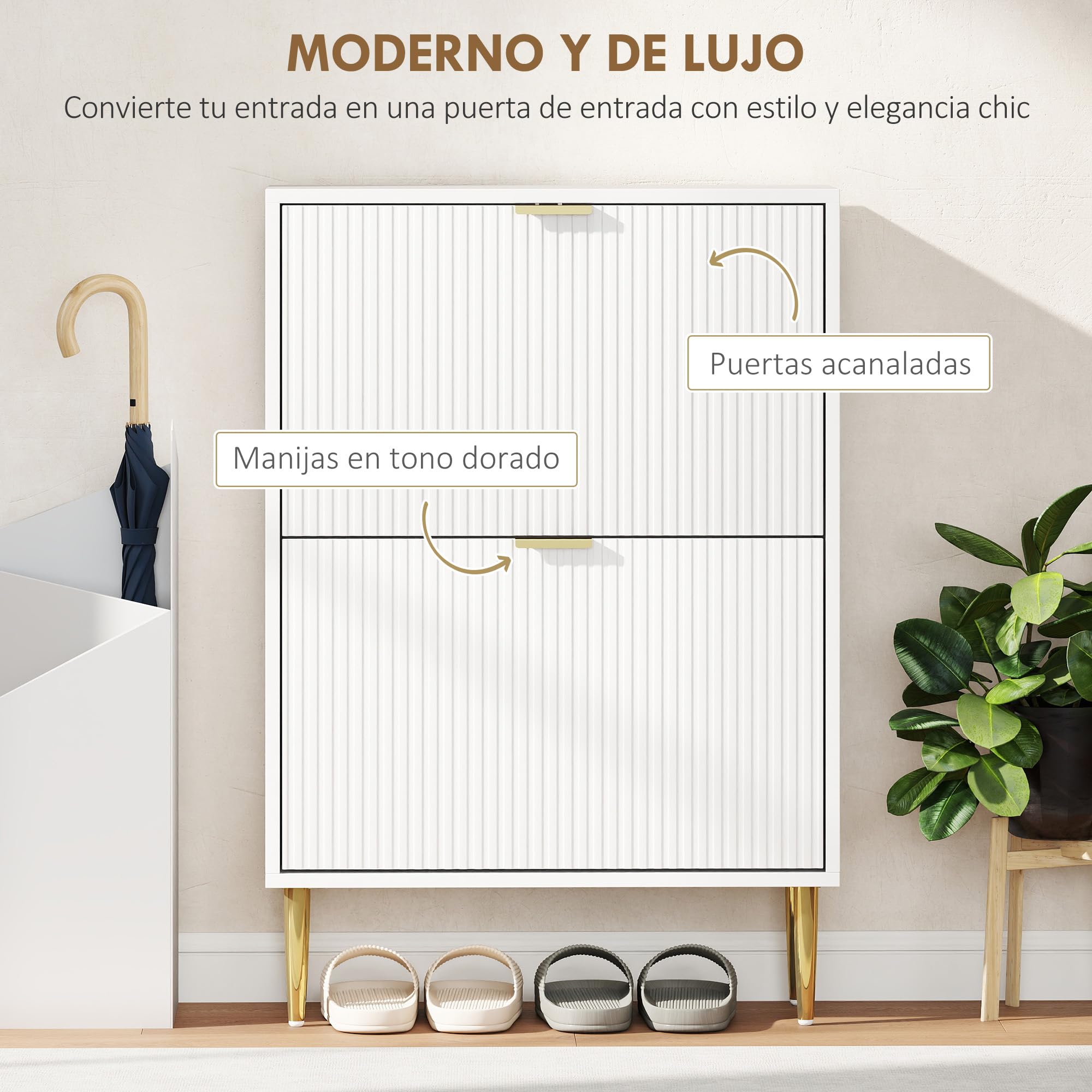HOMCOM Zapatero Estrecho con 2 Puertas Acanaladas Zapatero Entrada Recibidor con Estantes Ajustables para 12 Pares de Zapatos 60x24x91,5 cm Blanco