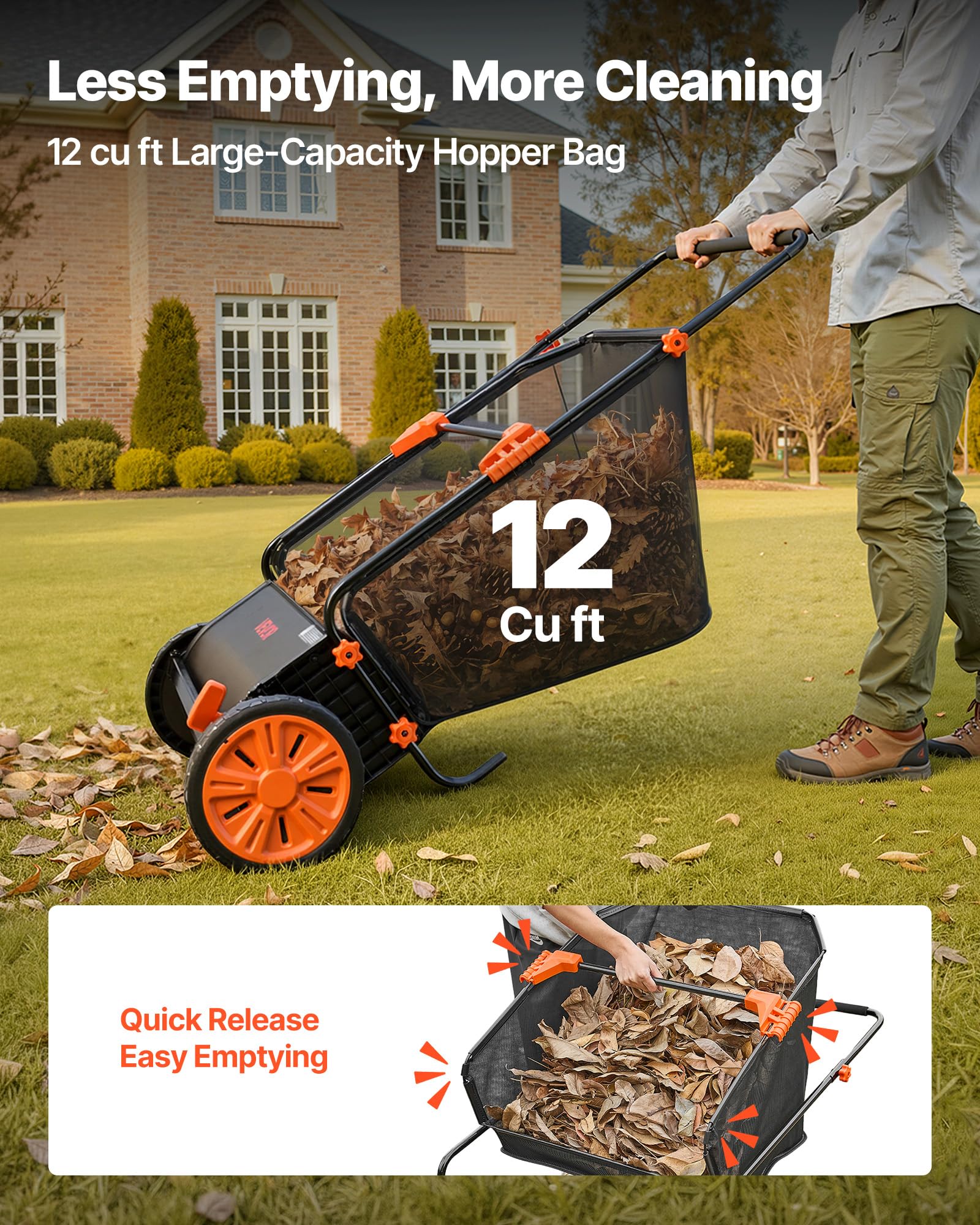 VEVOR Barredora Peinadora Césped Manual, Ancho de Trabajo de 76,2 cm, Cepillo para Césped, Bolsa de Recogida de 340 L, Cepillos Giratorios, 10 Alturas Ajustables, Limpiador para Jardín Patio Parque