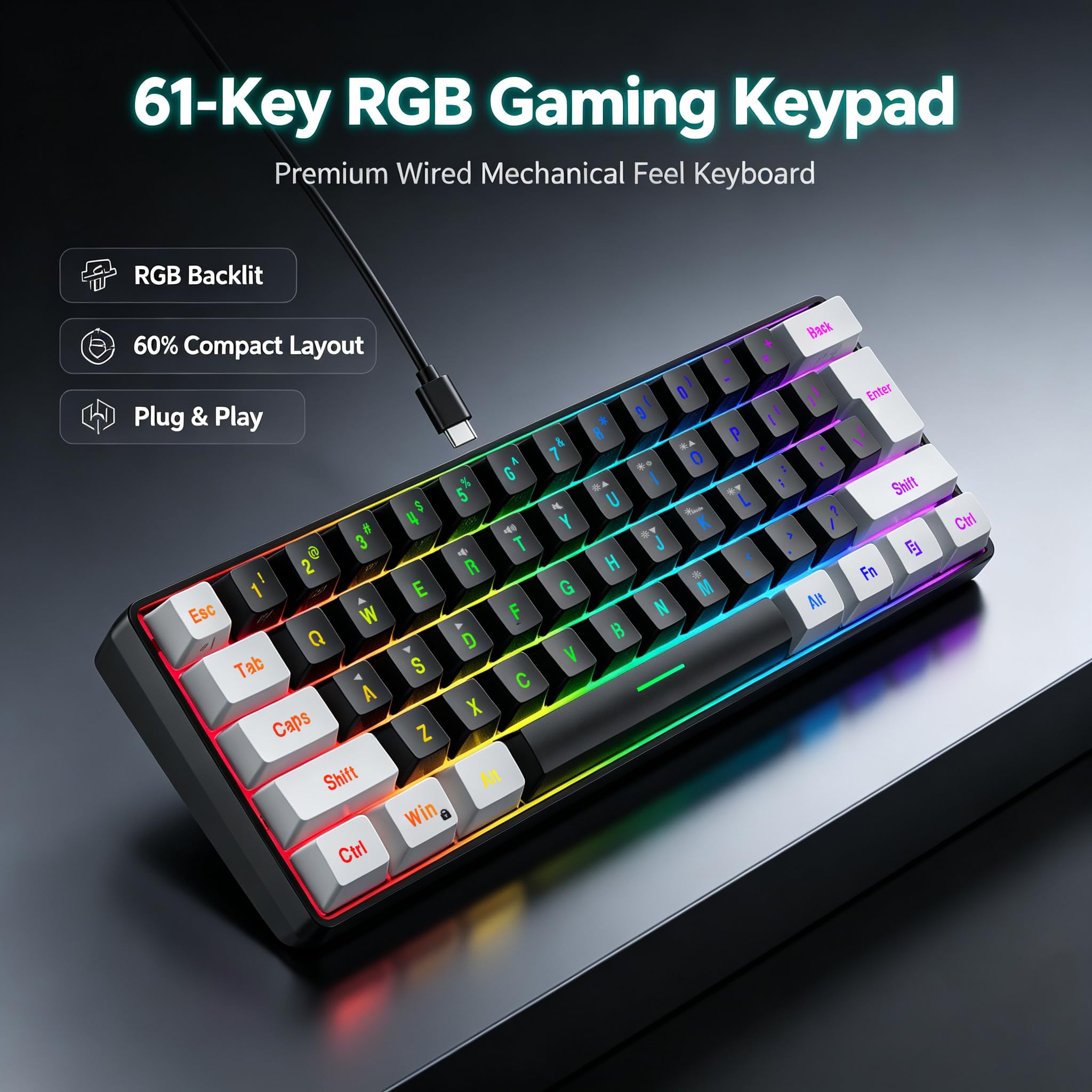 Snpurdiri Teclado para Juegos con Cable al 60%, Teclado para Juegos de Membrana retroiluminada RGB pequeño, Ultra Compacto, Mini Teclado Impermeable para PC, computadora, Jugador, Blanco y Negro | Teclado retroiluminado de membrana pequeña para juegos de