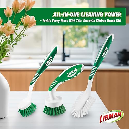Miniatura 2 de Libman Kit de cepillos de limpieza verde y blanco, juego de 3 piezas, cepillos multiusos para cocina, lavabos, fregaderos, lavavajillas