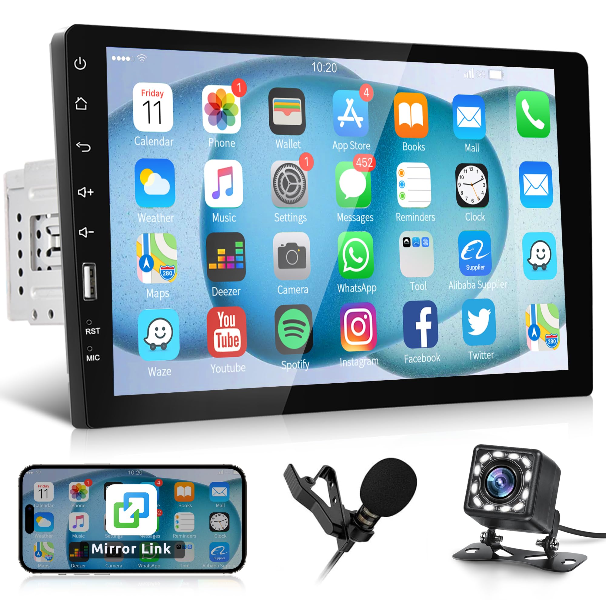 Radio de Coche 1 DIN con Bluetooth Manos Libres iOS/Android Enlace Espejo 9 Pulgadas Pantalla Táctil Radio Coche con Bluetooth FM/USB/AUX/EQ Control del Volante + Cámara de Visión Trasera Micrófono