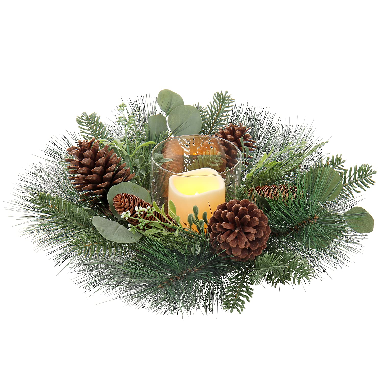 Oairse Ø46cm Kunstpflanzenkranz mit flammenloser LED-Kerze und Glashalter, Weihnachtskerzenkranz für Tischdekoration, für Weihnachtsdekorationen für Indoor und Outdoor Christmas Thanksgiving