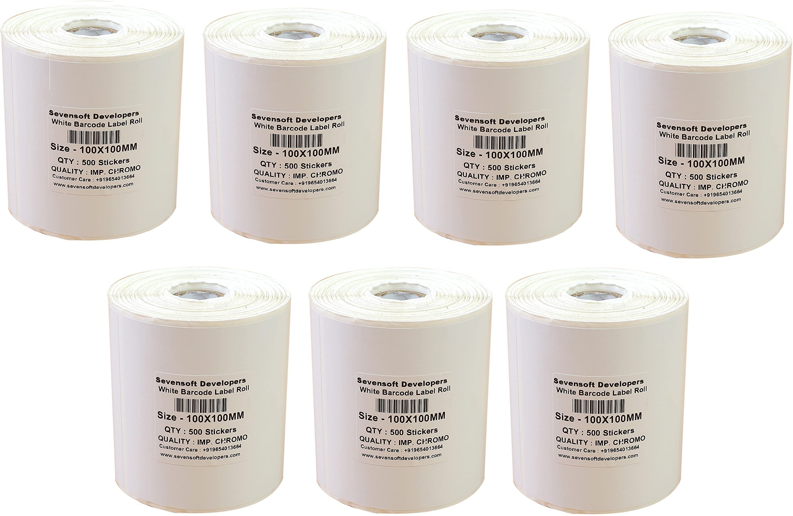 Sevensoft Developers 100X100MM Barcode Label (4X4 INCH) Set of 7 Self-Adhesive Paper Label Shipping Ribbon, stiker tag (White)- 500 Labels, Stickers in per Roll