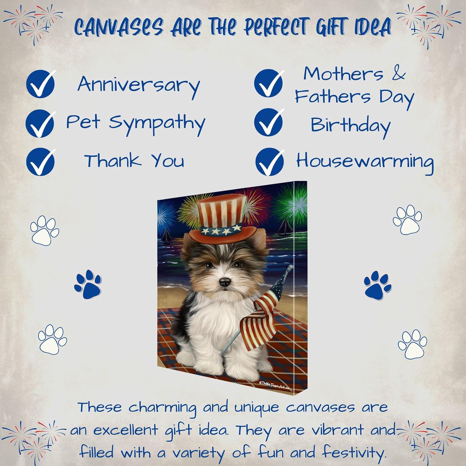Doggie of the Day 4th July Fireworks with Biewer Terrier Dog Canvas Wall Art - Premium Quality Ready to Hang Room Decor - Flat Rolled 8" x 10"