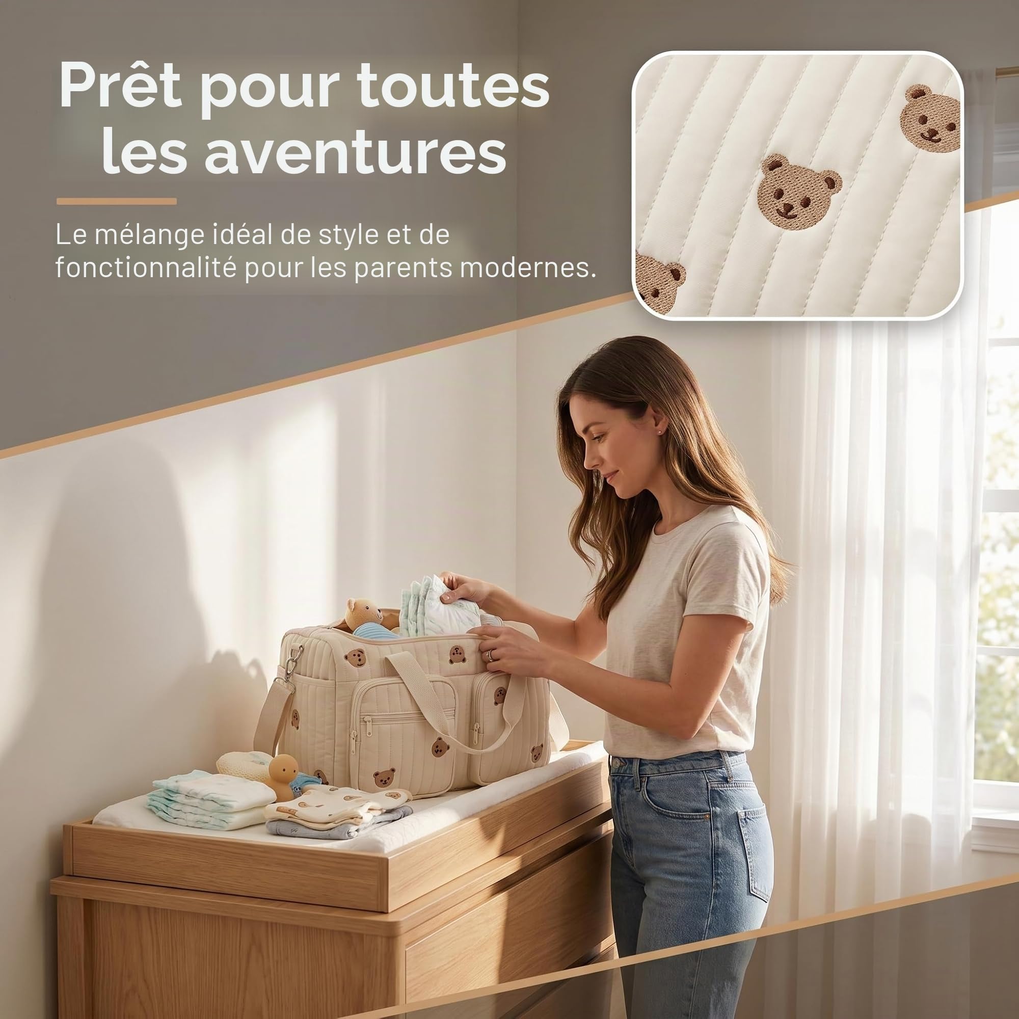 Sac à Langer Bebe Bandoulière 48x26x22cm, Sac de Maternité Multi Poches, Sac de Voyage Femme avec Ceinture Ajustable