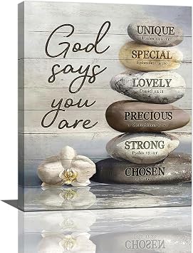 Farmhouse Bathroom Wall Art Rustic Zen Stone Pictures Decor God Says You Are Christian Bible Verse Canvas Country Painting Modern Framed Prints Artwork for Home Bedroom Living Room 16"x20"