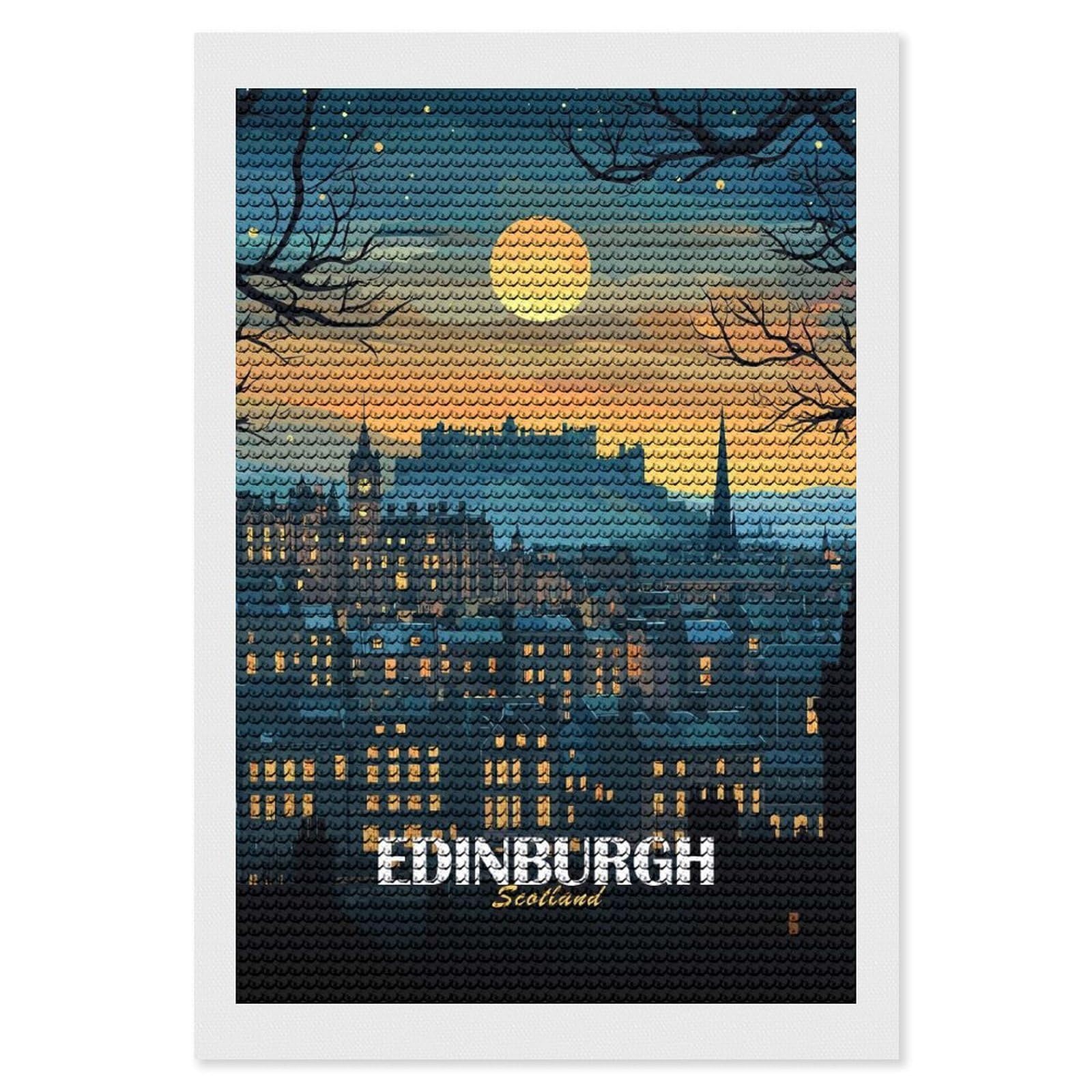 Junmoney Edinburgh Scotland Nightscape Illustration DIY Diamond Art Canvas Kit 8"x12", Complete Accessories, Creative Leisure Activity, Home Wall Decor, Gift Idea