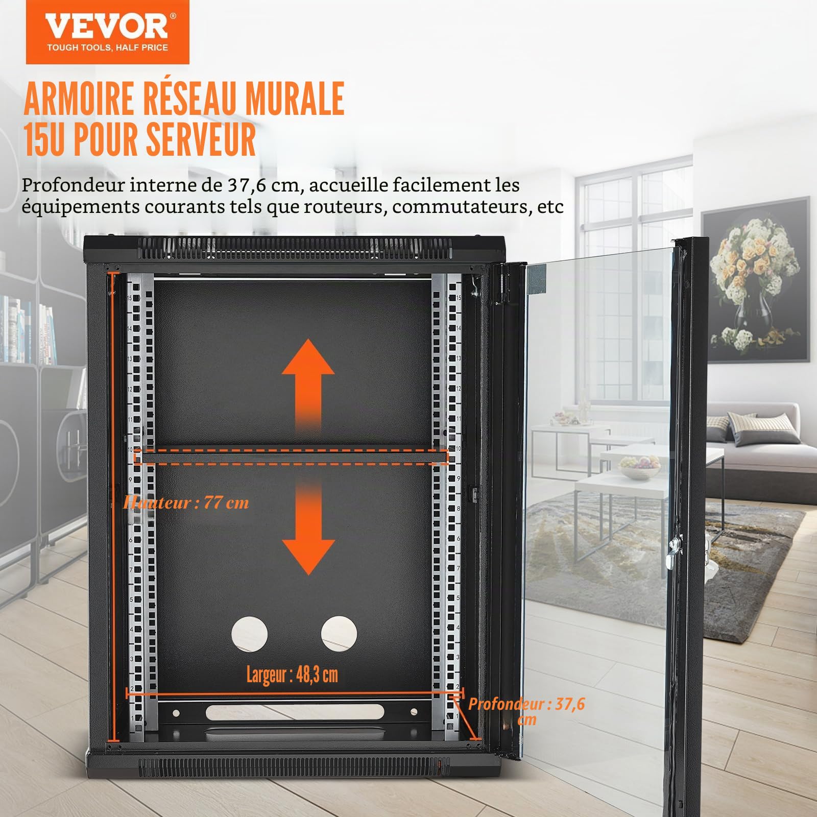 VEVOR Armoire de Serveur Mural 15U, Boîtier Rack Réseau avec Roulettes, Charge 226,8 kg, Porte Verre Trempé Verrouillable, Acier Q235