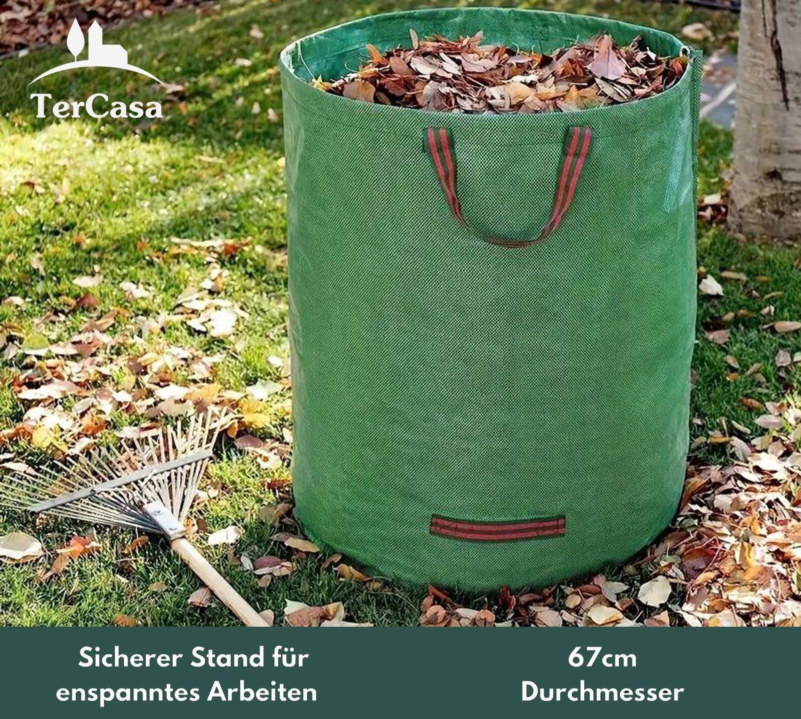 Sacco per rifiuti da giardino, 4 pezzi, 272 l, altezza 76 cm, diametro 67 cm, in tessuto di polipropilene antistrappo, con anello di rinforzo e 4 manici, colore: Verde