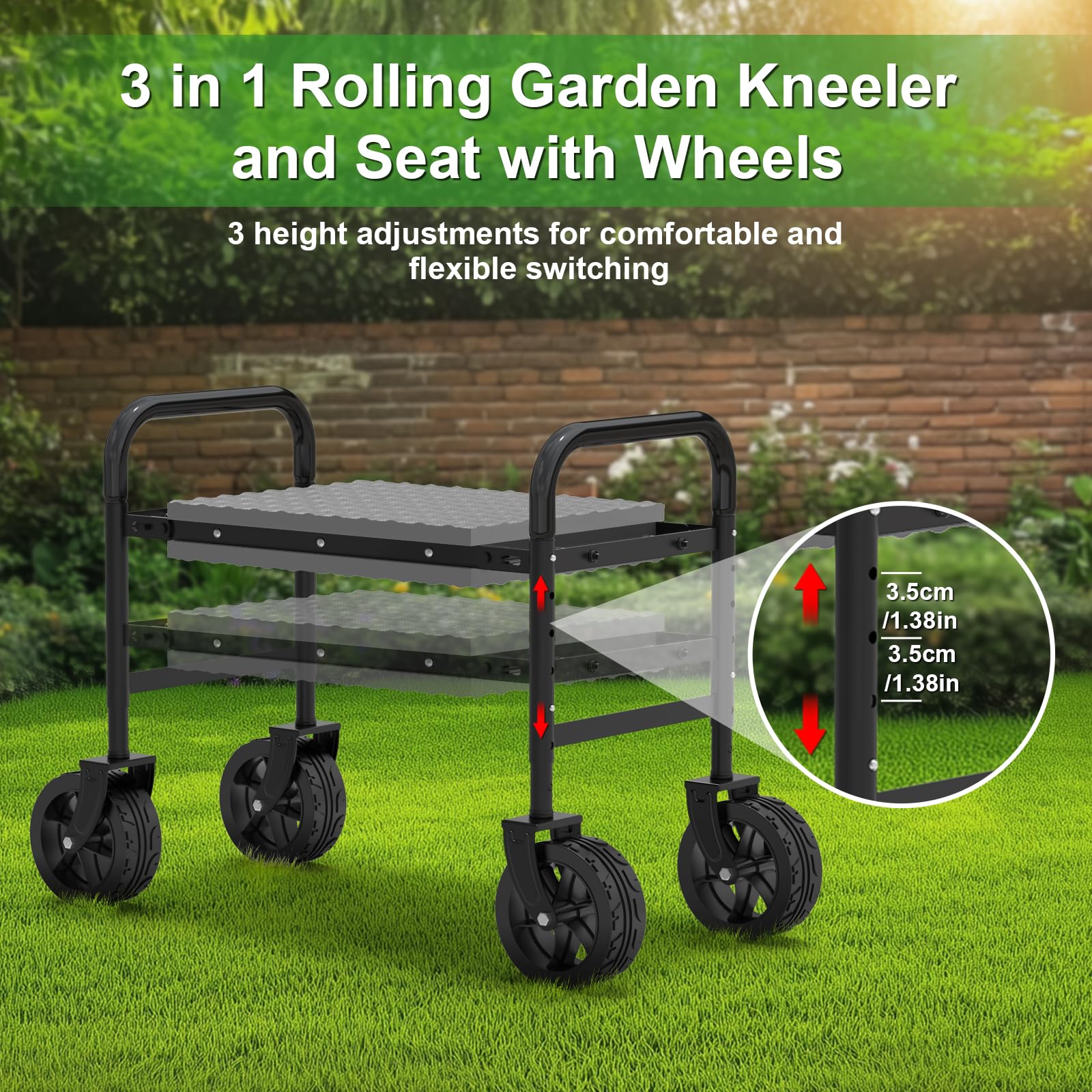 Inginocchiatoio da giardino 3 in 1 aggiornato con ruote con grandi tasche per attrezzi, sgabello pieghevole da giardinaggio resistente, con gambe estensibili e imbottitura ispessita, per anziani