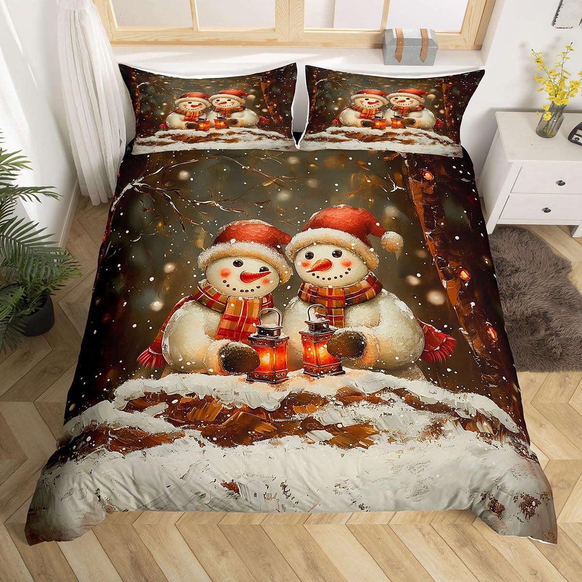 Housse de couette bonhomme de neige et 2 taies Manfei pour literie d'hiver
