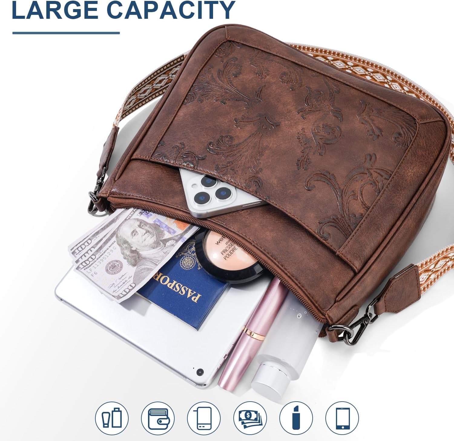 Crossbody Bags for Women,Vegan Leather Crossbody Purse with Adjustable Strap Embossed Flower Women's Shoulder Handbags | Medium, Trendy, Multi Pocket, Hobo Purse, Wide Guitar Strap, Lightweight - Image 4