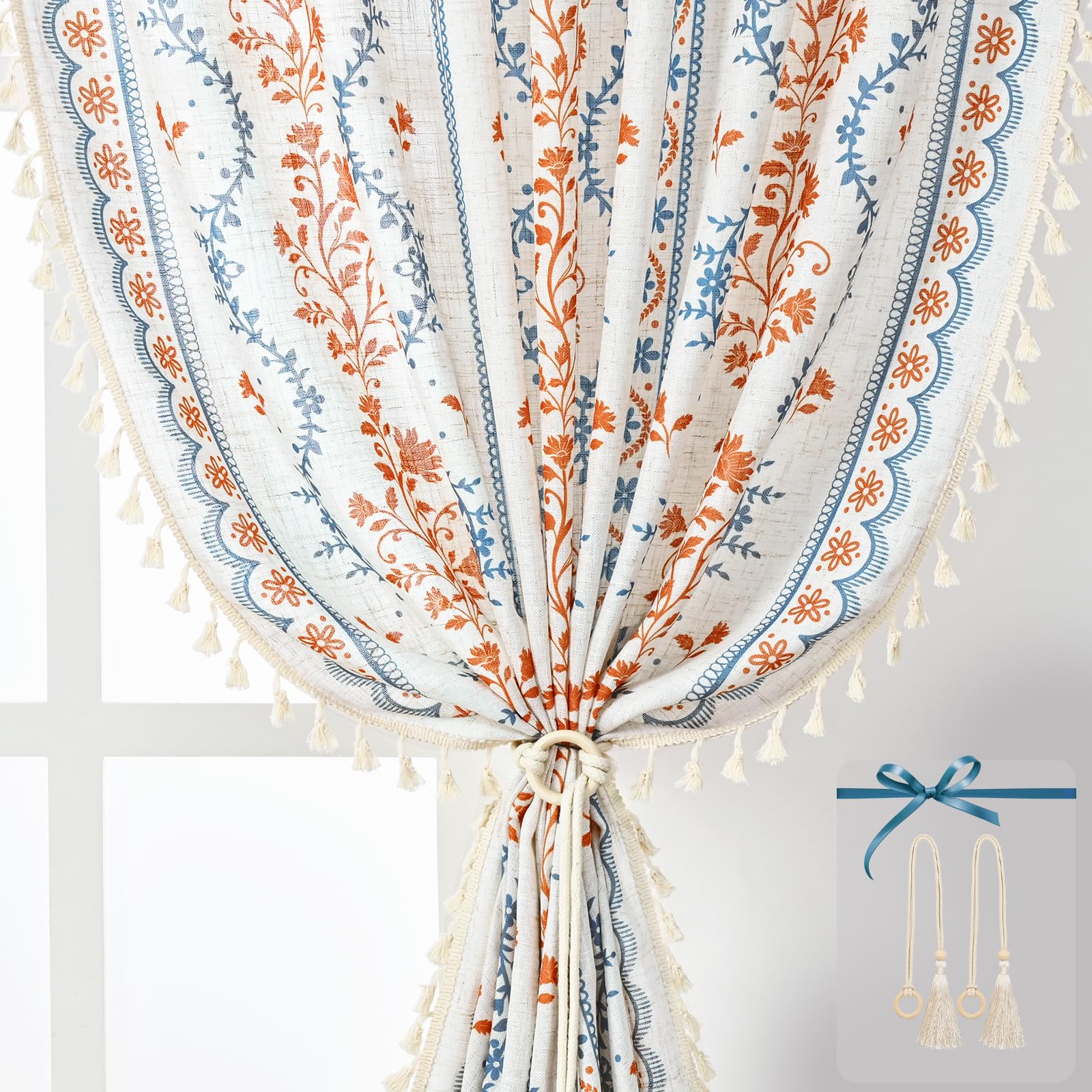 Yinhua Boho Curtains for Living Room 63 Inch Length Vintage Linen Curtains for Bedroom Light Filtering Window Curtain Rod Pocket &amp; Back Tabs Rustic Tassel Drapes with Tiebacks, Blue Orange Floral