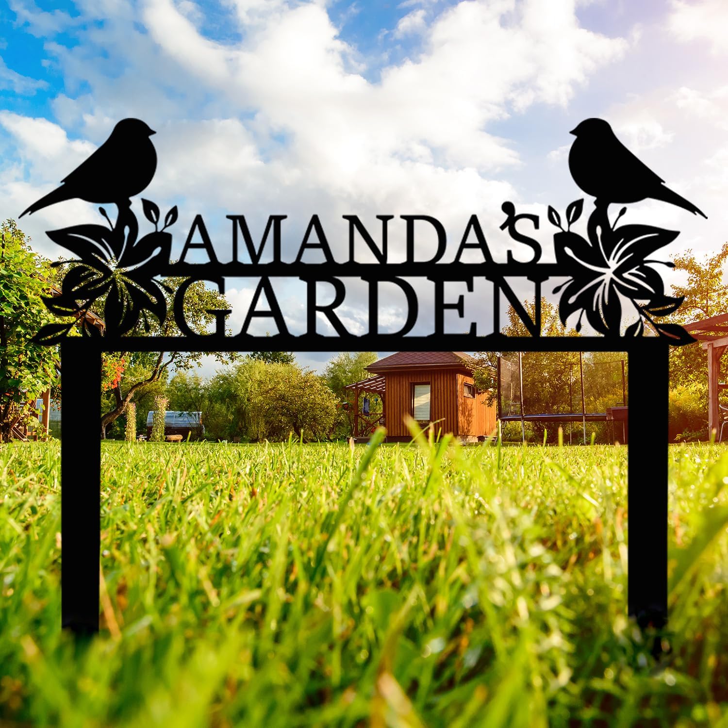 Personalized Garden Sign with Stake, Custom Metal Garden Name Sign with Flowers and Birds, Flower Yard Family Name Art for Outdoor, Farmhouse Decoration, Housewarming Gift