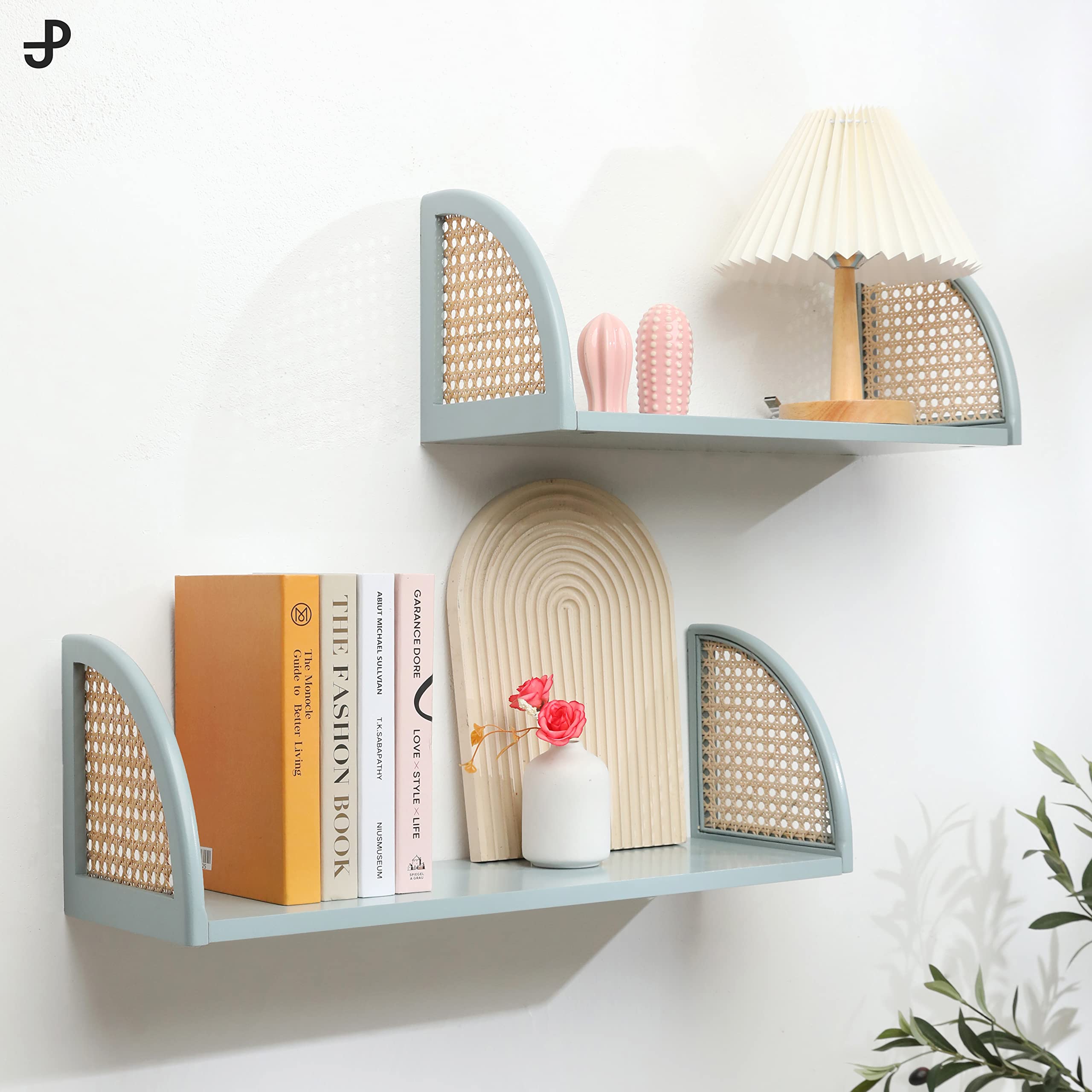 [PJ Collection] Decorative Wooden Wall Shelf with Rattan, Set of 2, Floating Shelves, Wall Mount, Wall Shelf, Rustic Wood Wall Storage Shelves, Sturdy Floating Shelves (Blue)â€¦