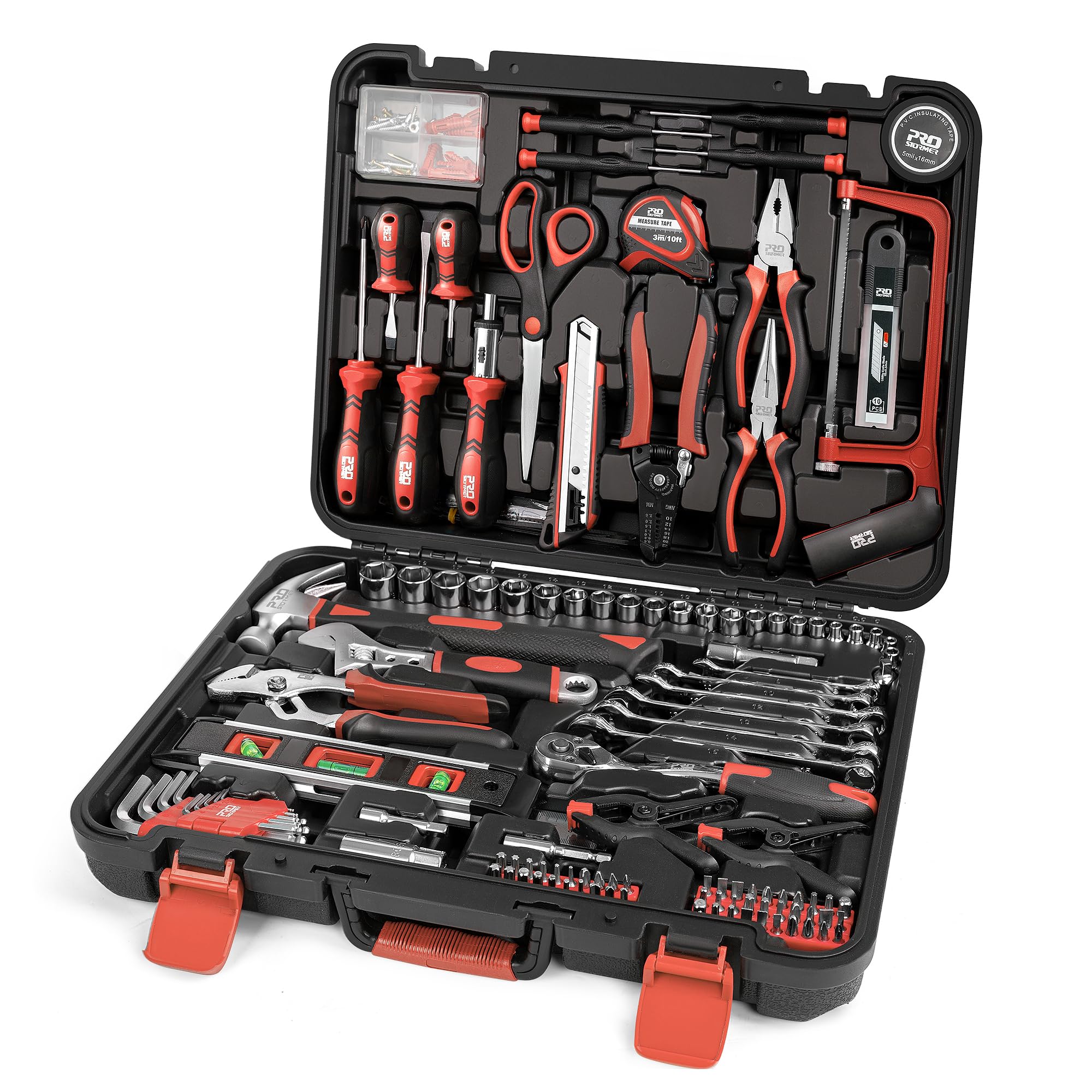Prostormer 259-Piece Tool Kit, General Household Hand Tool Set with Plastic Storage Toolbox, Portable Complete Repair Tool Box for Home and Car (Red)