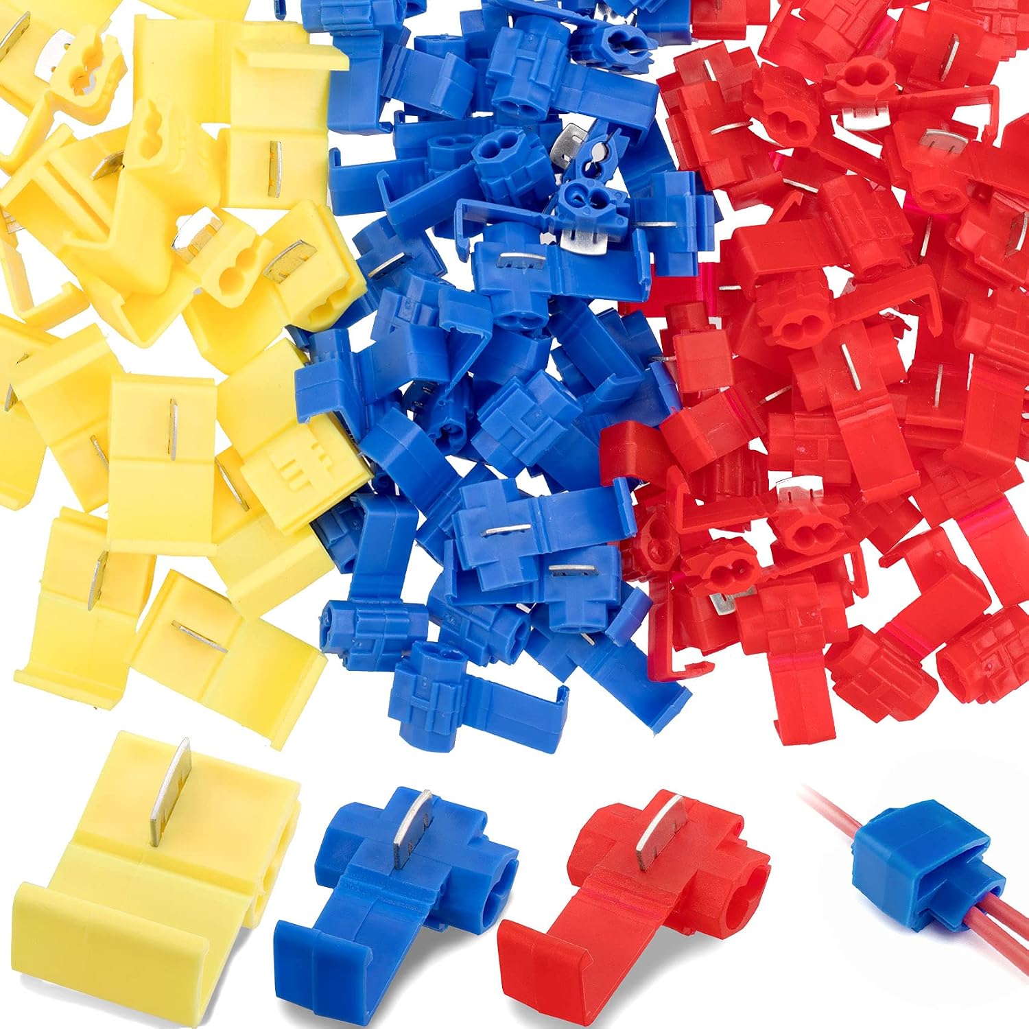 OIIKI 100pcs Quick Splice Wire Connectors, Snap Electrical Wire Connector, 40pcs Red 22 Through 18 Gauge, 40pcs Blue 16 Through 14 Gauge, 20pcs Yellow 12 Through 10 Gauge