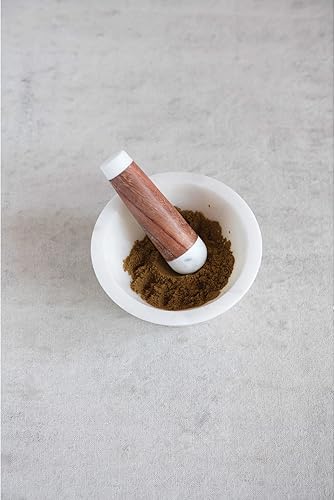 Miniatura 4 de Creative Co-Op Mármol y madera de acacia, juego de 2 morteros y morteros, 6 pulgadas de largo x 6 pulgadas de ancho x 5 pulgadas de alto, blanco