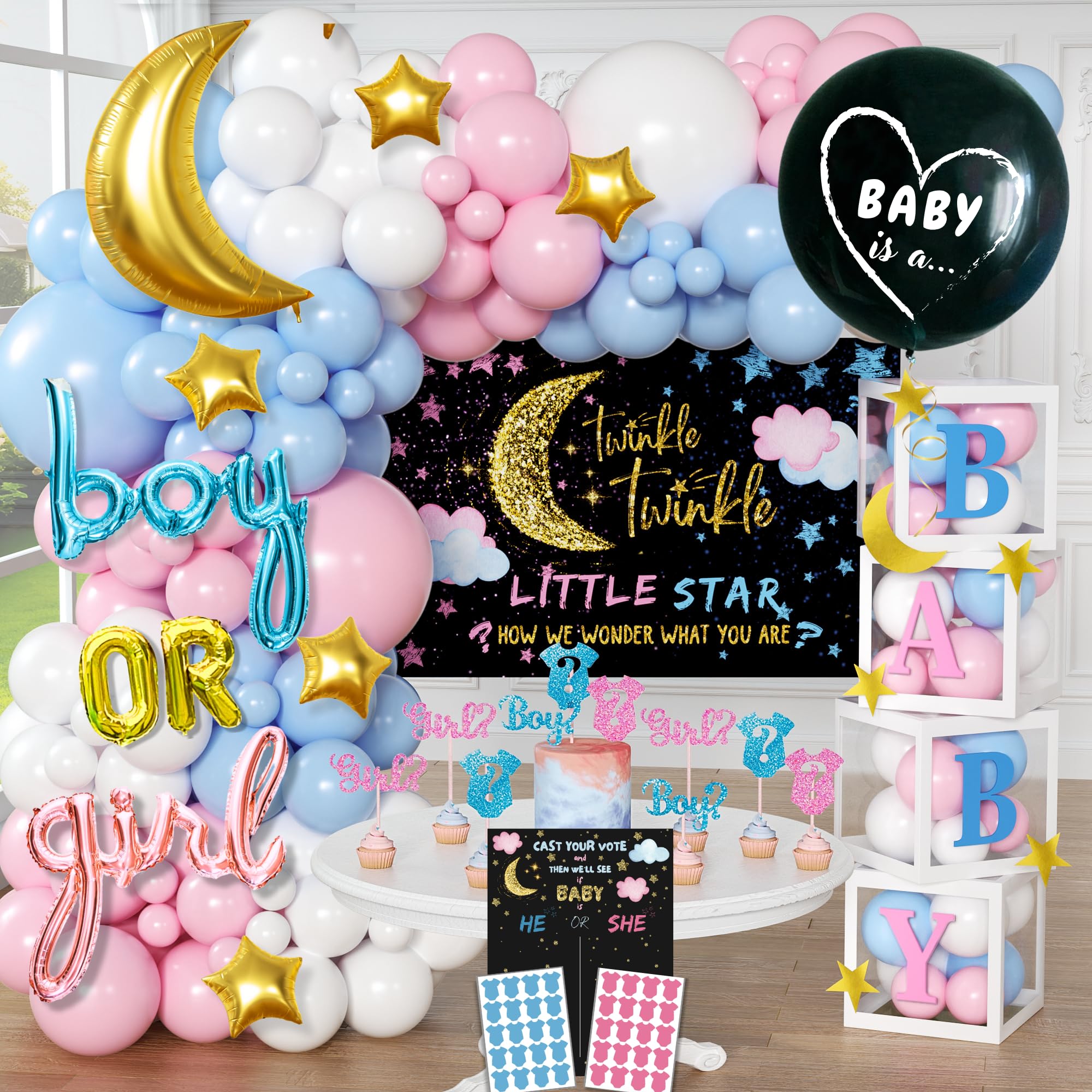 191 PC Premium Twinkle Twinkle Little Star Gender Reveal Decorations - Includes: Balloon Arch Garland - GIRL BOY Boxes - Gender Reveal Balloon - Cloth Backdrop - Games - Cupcake Toppers and More