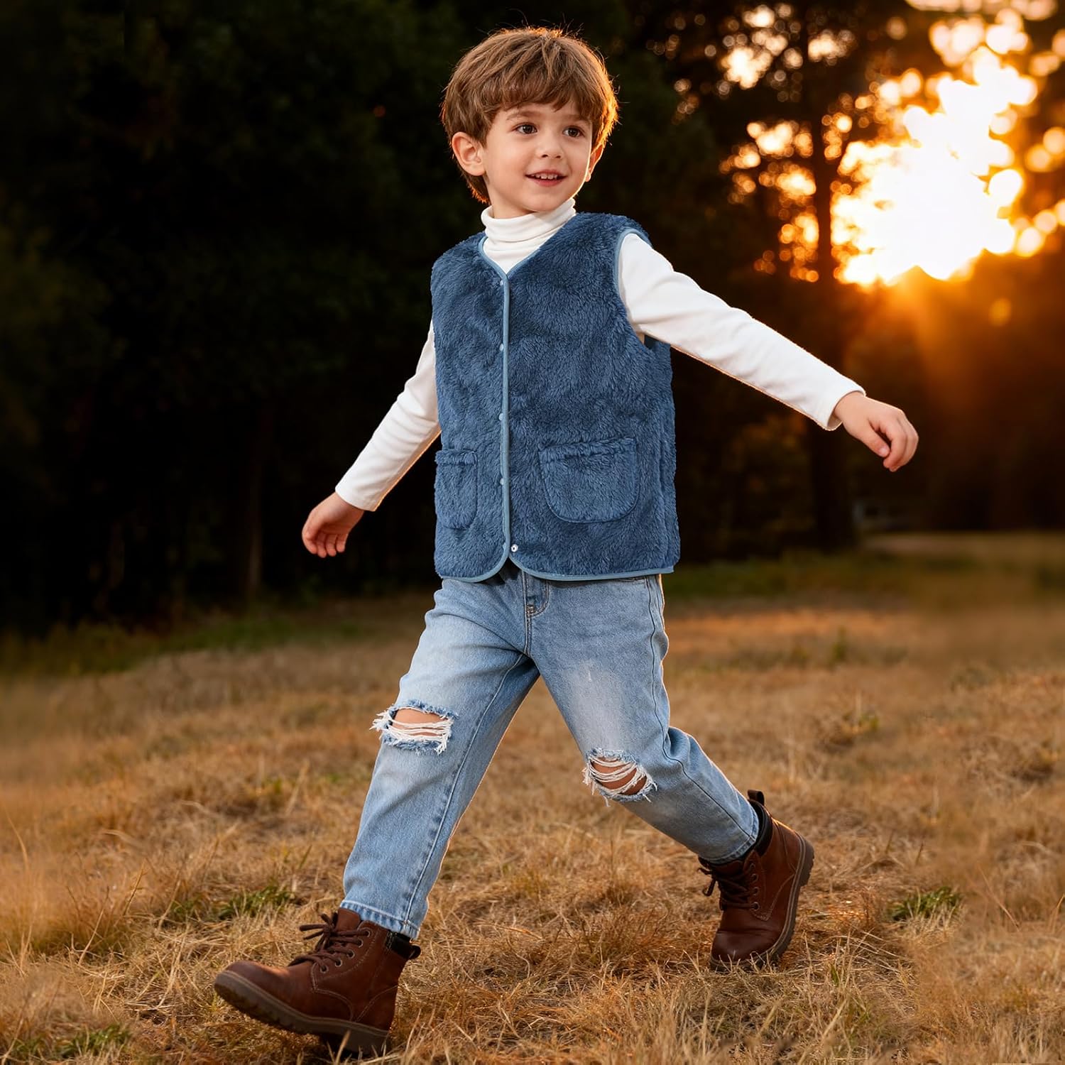 Kids Fleece Sherpa Vest, Lightweight Sleeveless Jacket with Snap Buttons, Fall Winter Outerwear for Boys Girls 2-7T - Image 3