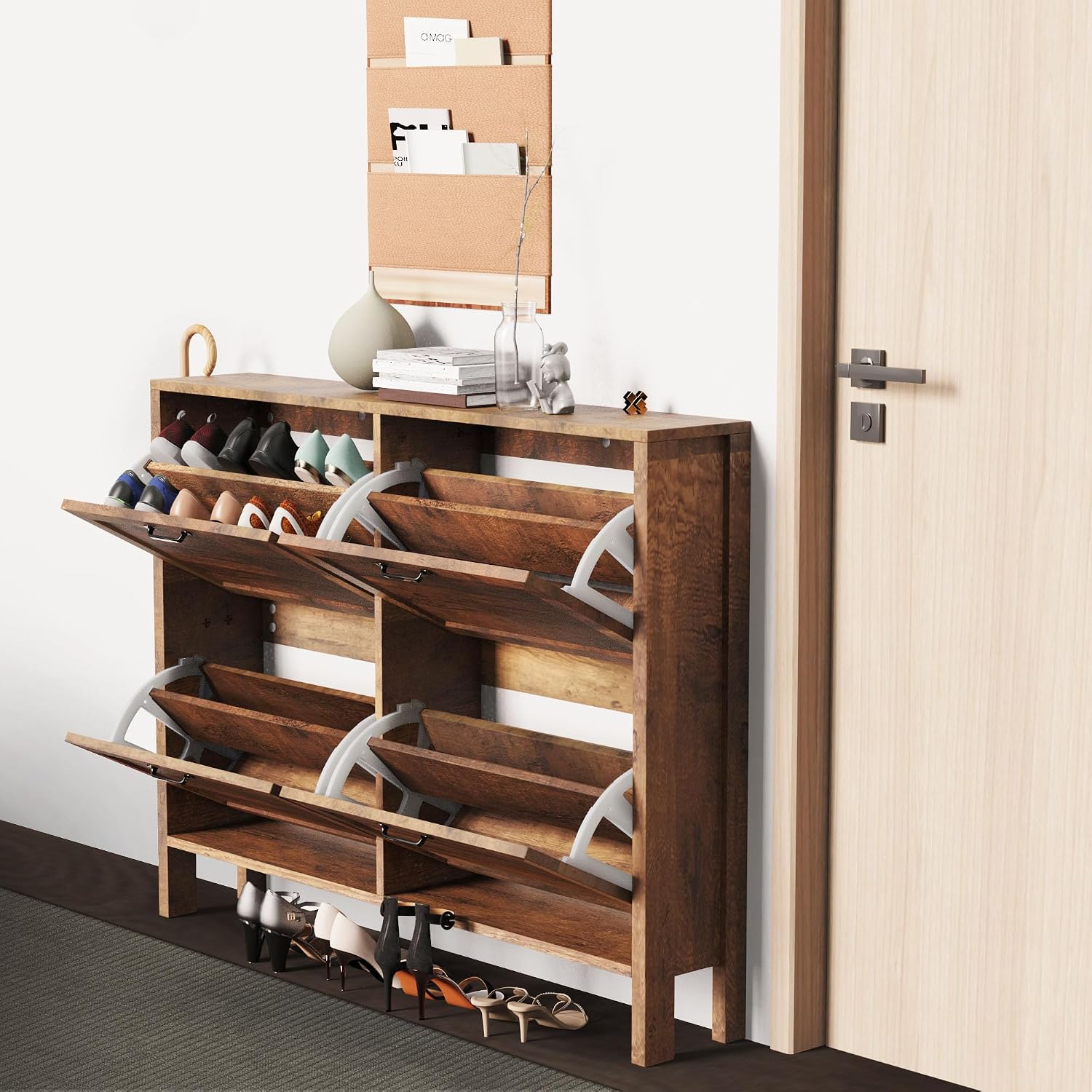 KIGOTY Shoe Storage Cabinet, Hidden Shoe Cabinet with 4 Flip Drawers, Freestanding Wooden Shoe Rack, Adjustable Shoe Storage Organizer for Entryway (Brown-4 Drawer)