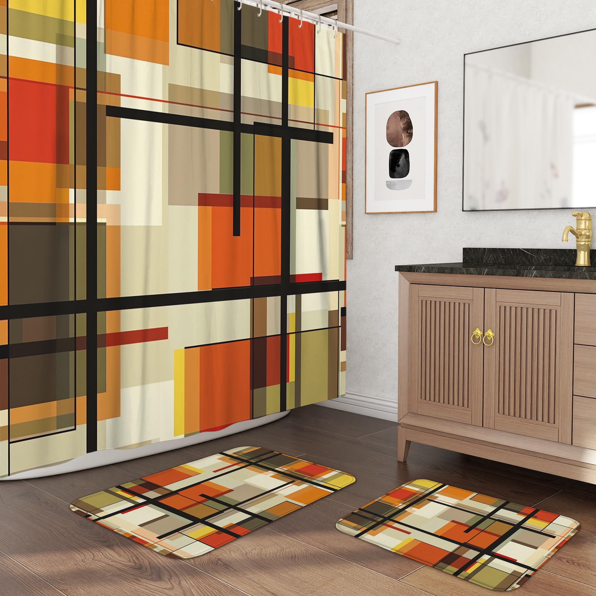 3PCS Aesthetic Color Block Bathroom Accessory Set with Two Non-Slip Washable Bath Rugs (16x24&20x32), Retro Funky Geometric Bathroom Mat Decorative-72''x72'''