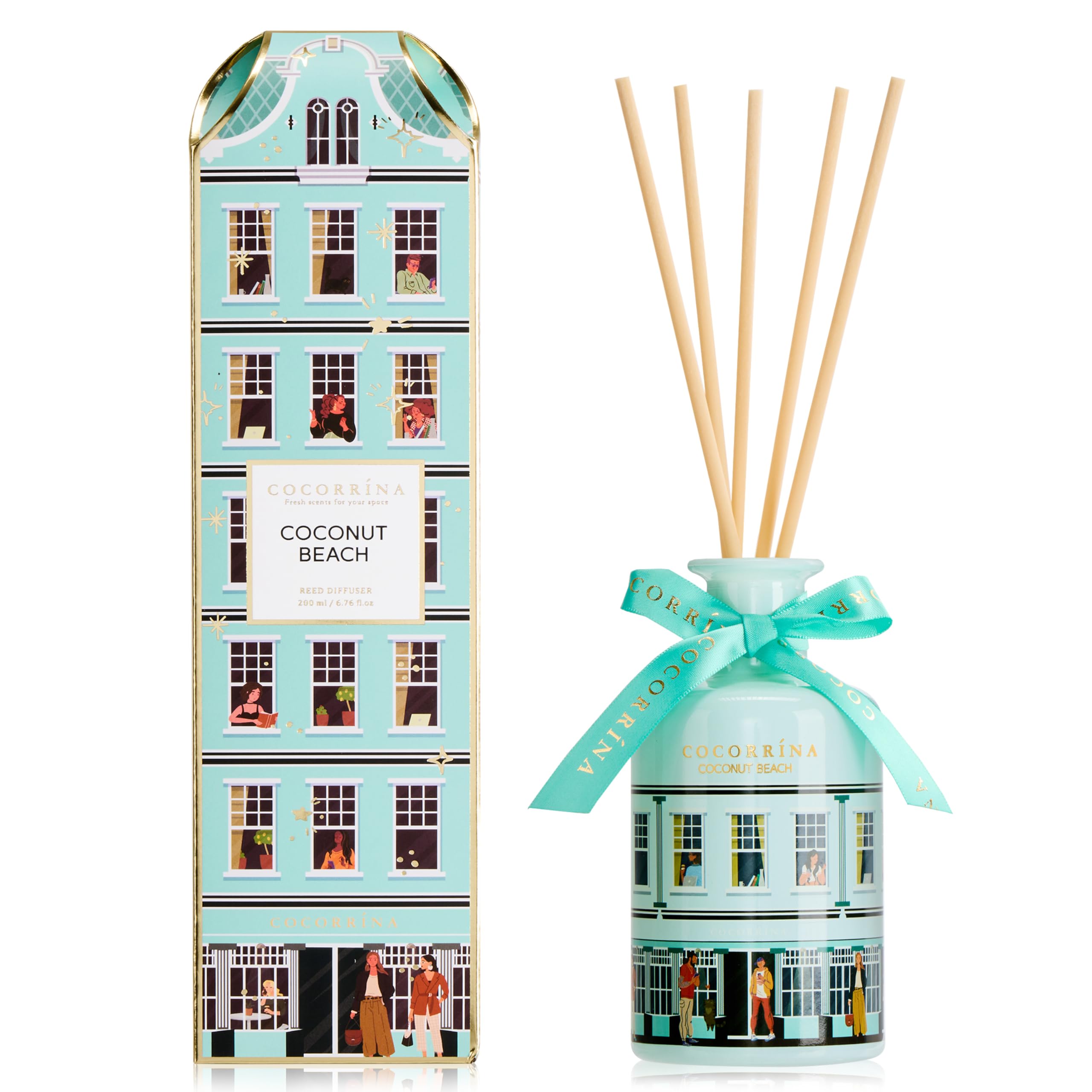 COCORRÍNA Reed Diffuser Set, Coconut Beach 200ml Home Fragrance Diffuser with 8 Reed Sticks, Long Lasting, Decorative Glass Bottle, for Bedroom Bathroom Living Room