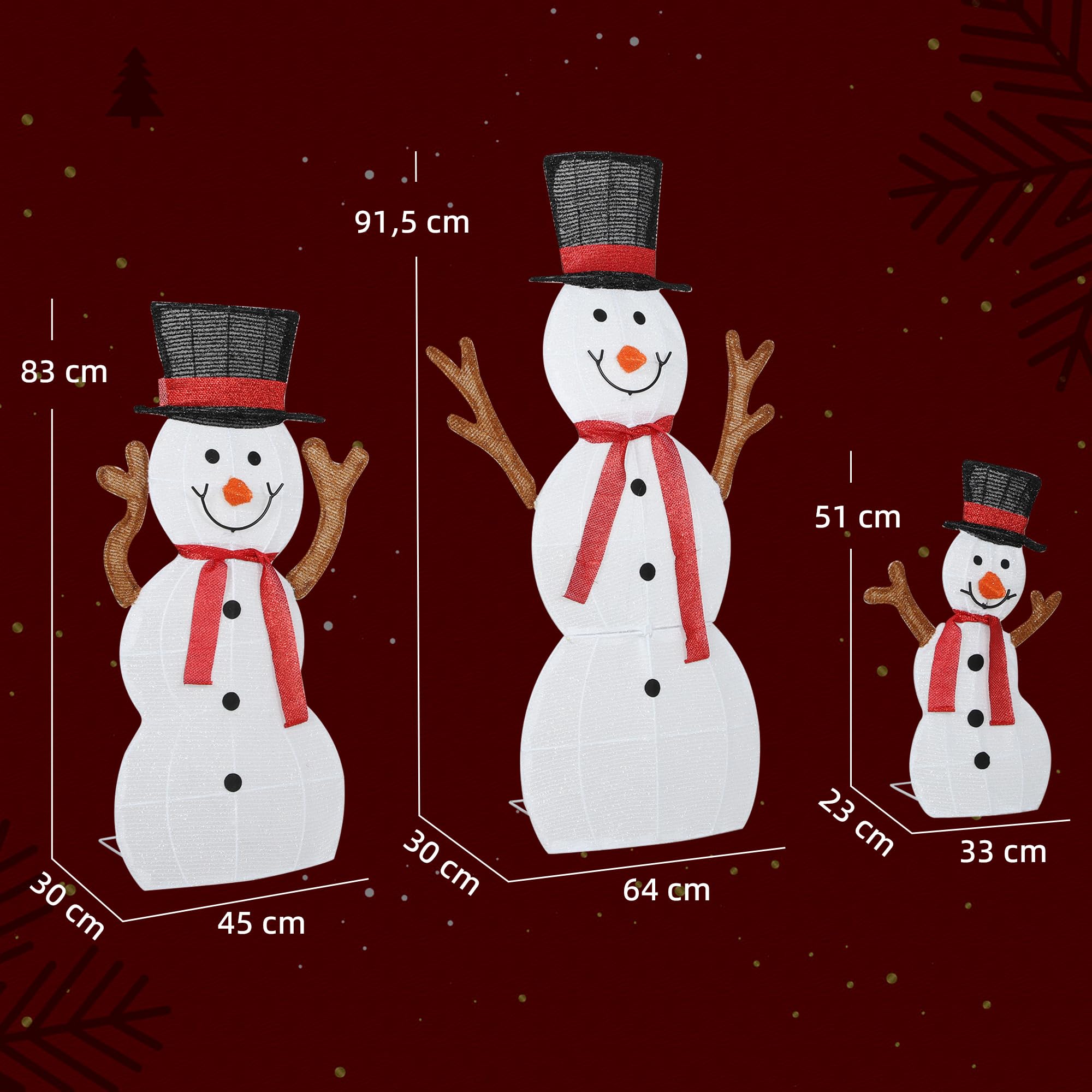 Outsunny 3-teilige Weihnachtsdeko Schneemann-Familie 91,5 cm mit LED | Weihnachtsfigur, Weihnachtsdekoration mit Stahlrahmen, Spannbändern, Weihnachtsbeleuchtung für Indoor & Outdoor, IP44