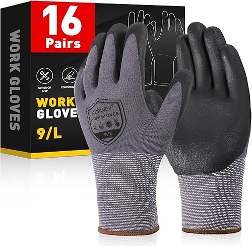 FURWEY Safety Work Gloves-16/32 Pairs, Micro Foam Nitrile Coated Glove,Seamless Knit Nylon Gloves for Men Women（S-XL