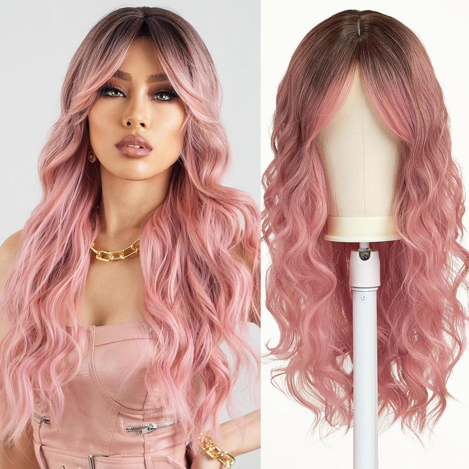 Esmee Long Wavy Pale Pink Wig For Women Bangs Wig Curly Synthetic Hair Natural Looking Heat Resistant Fiber For Daily Party Cosplay Christmas Wear Pale Pink 26 Inch