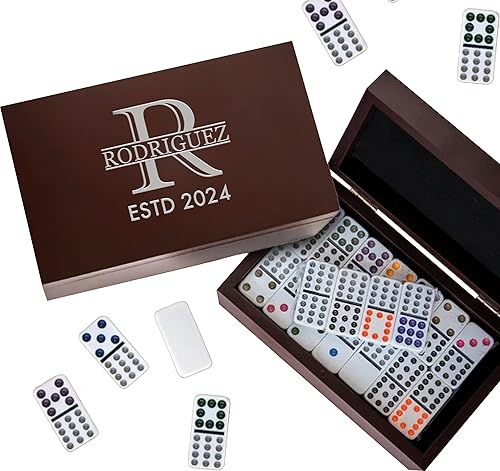 Juego de dominó personalizado con caja grabada personalizada con monograma, regalo personalizado para cumpleaños de papá, jubilación, juego de