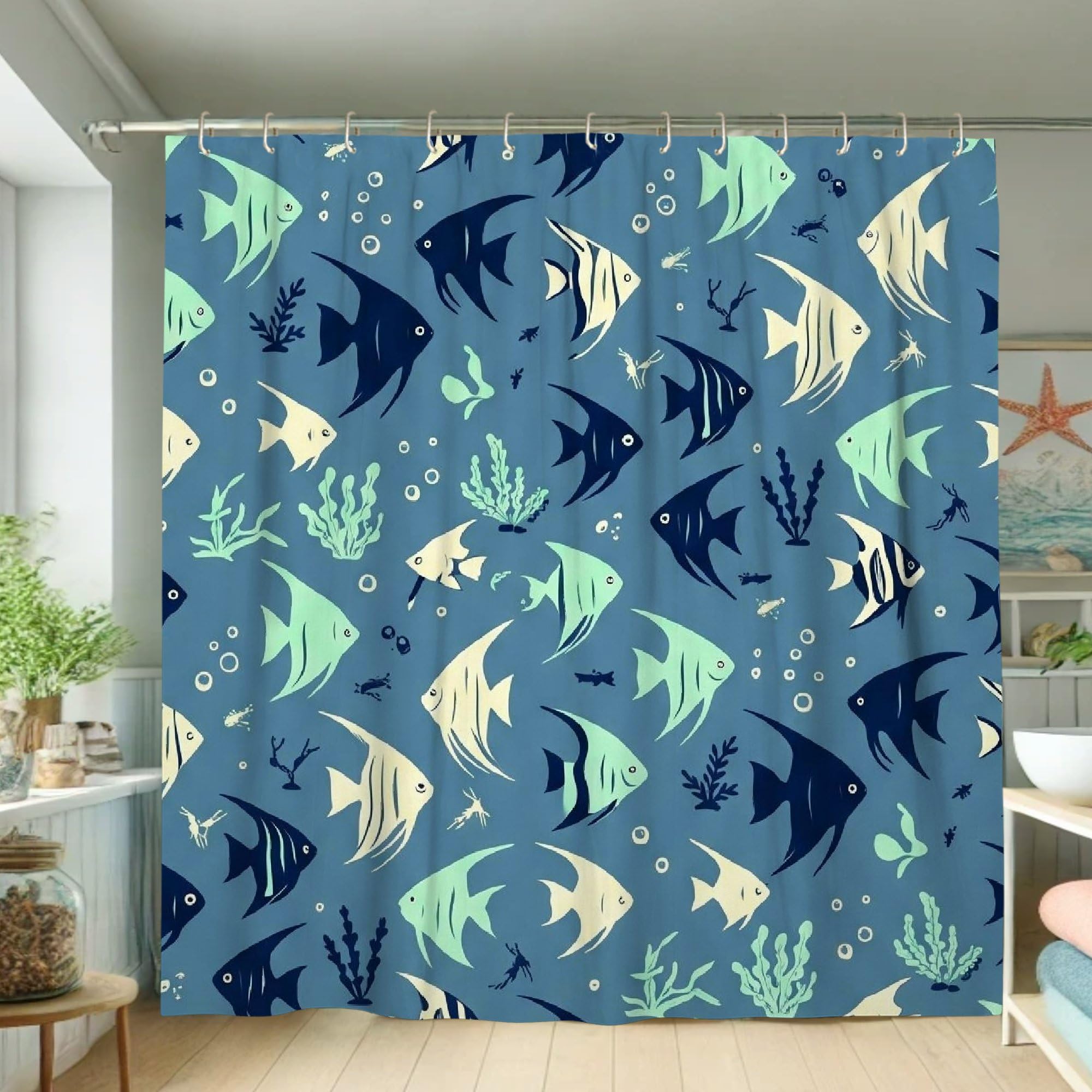 Rideau de douche motif poissons et corail pour une ambiance marine