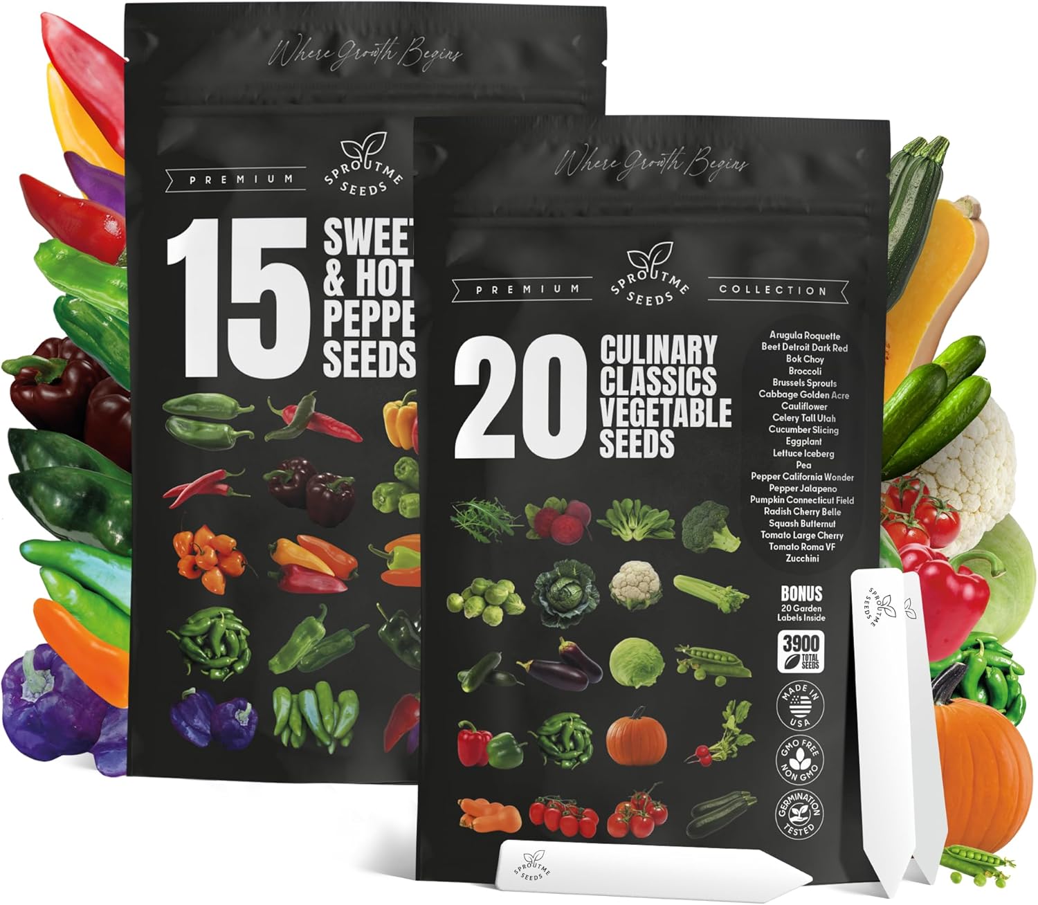 15 Sweet & Hot Pepper & 20 Vegetable Seeds Variety Pack Bundle 4650+ Non-GMO Heirloom Garden Seeds for Planting Lettuce, Greens, Peppers, Vegetables