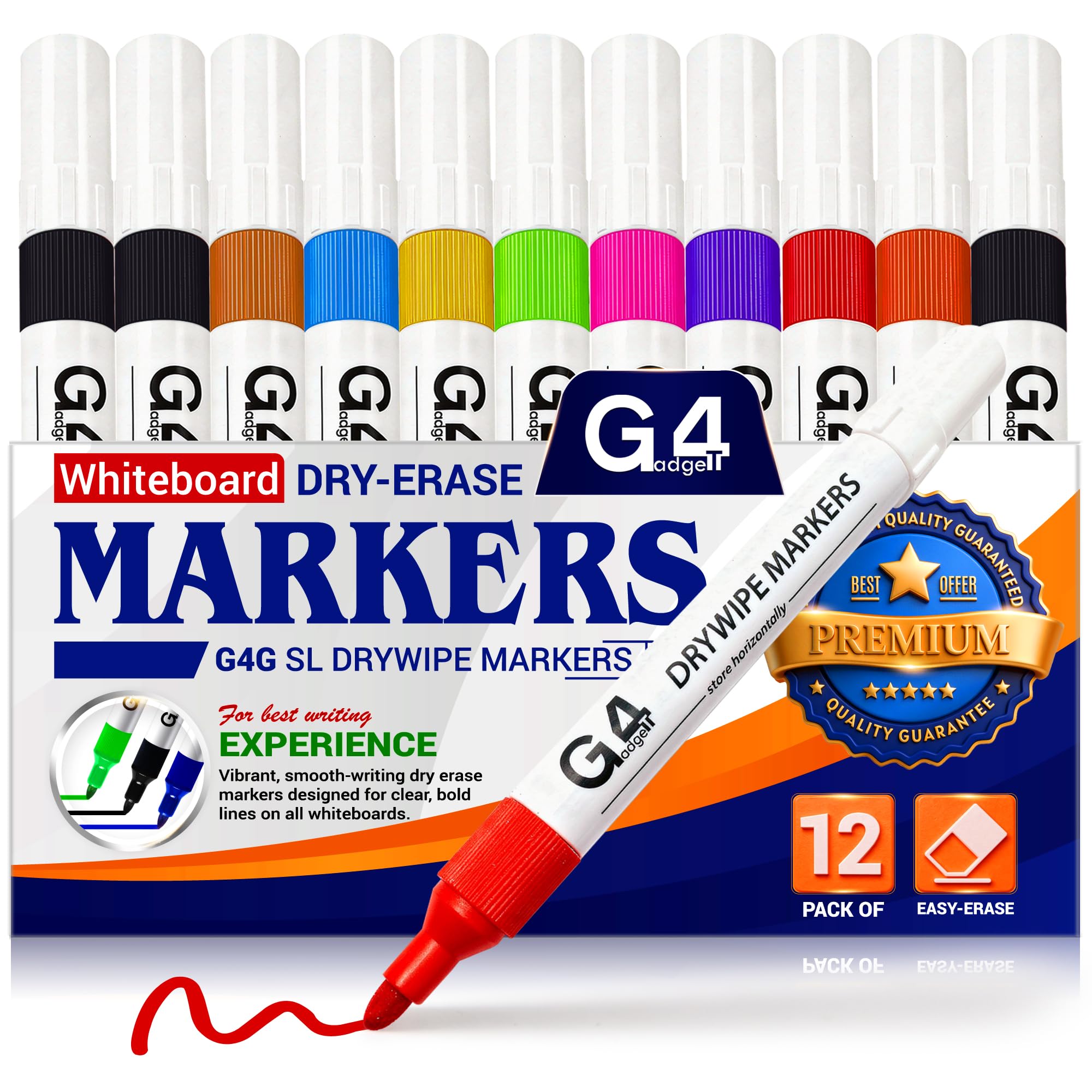 G4GADGET 12 Pack Whiteboard Pens, Dry Wipe Markers Bullet Tip, Assorted Colourful White Board Markers Erasable, Low Odour Marker Pens for School Supplies, Office, Home & Classroom