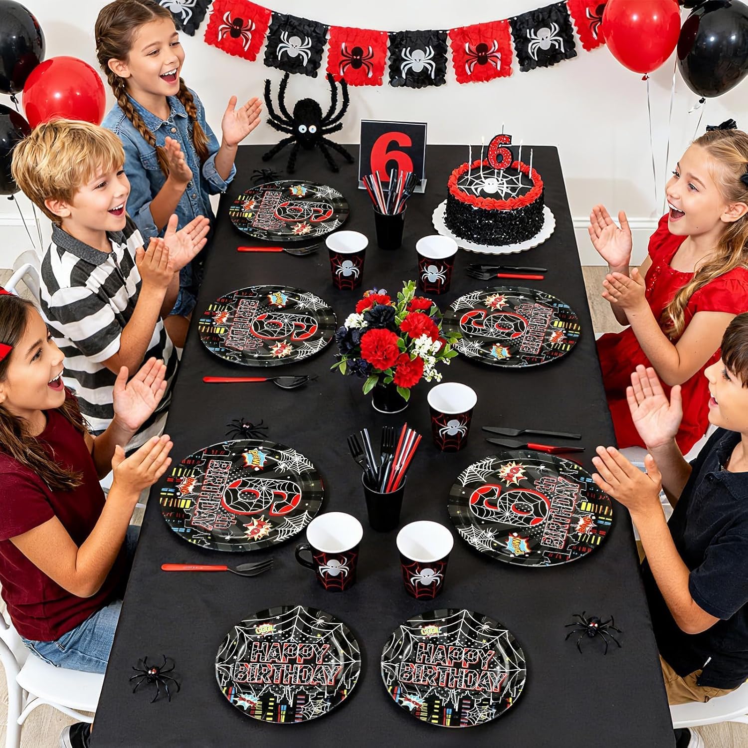 96Pcs Spider 6th Birthday Party Decorations Black Spider 6th Birthday Plates and Napkins Cartoon Super Theme Hero Paper Tableware Set for Boys Kids 6 Year Old Birthday Party Supplies Serves 24 - Image 9