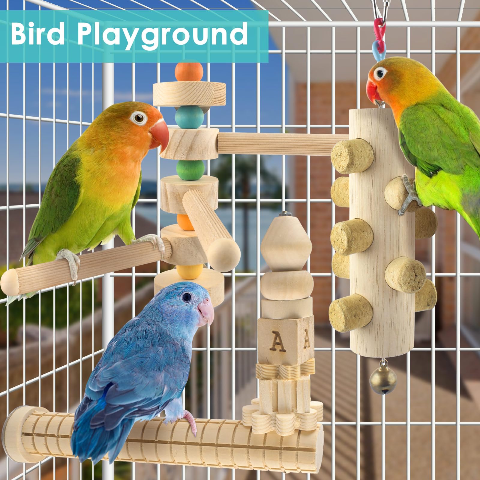 DBNESS 3pcs Natural Wood Bird Perch Toys, Rotating Perch Stand, L-Shaped Perches with Chew Block, Hanging Cork Stopper Toy, Birdcage Accessories for Small Medium Parrots Cockatiels Quaker Caique - image 7