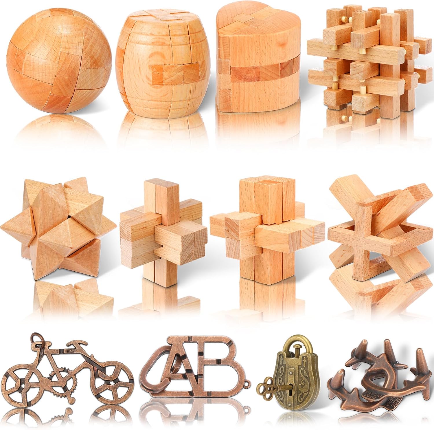 Liliful Paquete de 12 rompecabezas de madera para el cerebro para niños, niñas y adultos, desbloqueo 3D, rompecabezas de madera, rompecabezas de