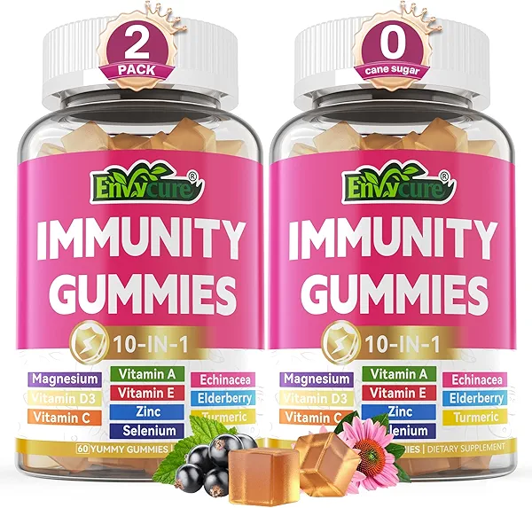 10 in 1 Immune Support Supplement Gummies, w/Echinacea, Elderberry Vitamin C and Zinc, Selenium, Vitamin D3 5000IU, Magnesium, Daily Immune Booster Multivitamin, for Antioxidant Bone Energy, 2 Pack